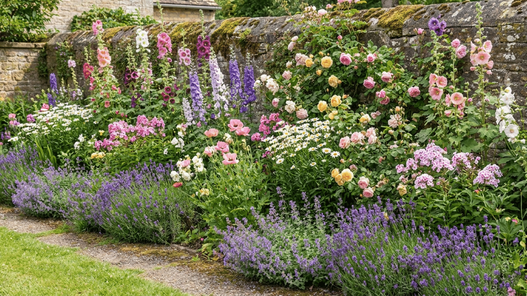 Flower garden ideas showing a lush cottage-style mixed flower bed with hollyhocks, roses, lavender, and daisies layered densely against a garden fence.