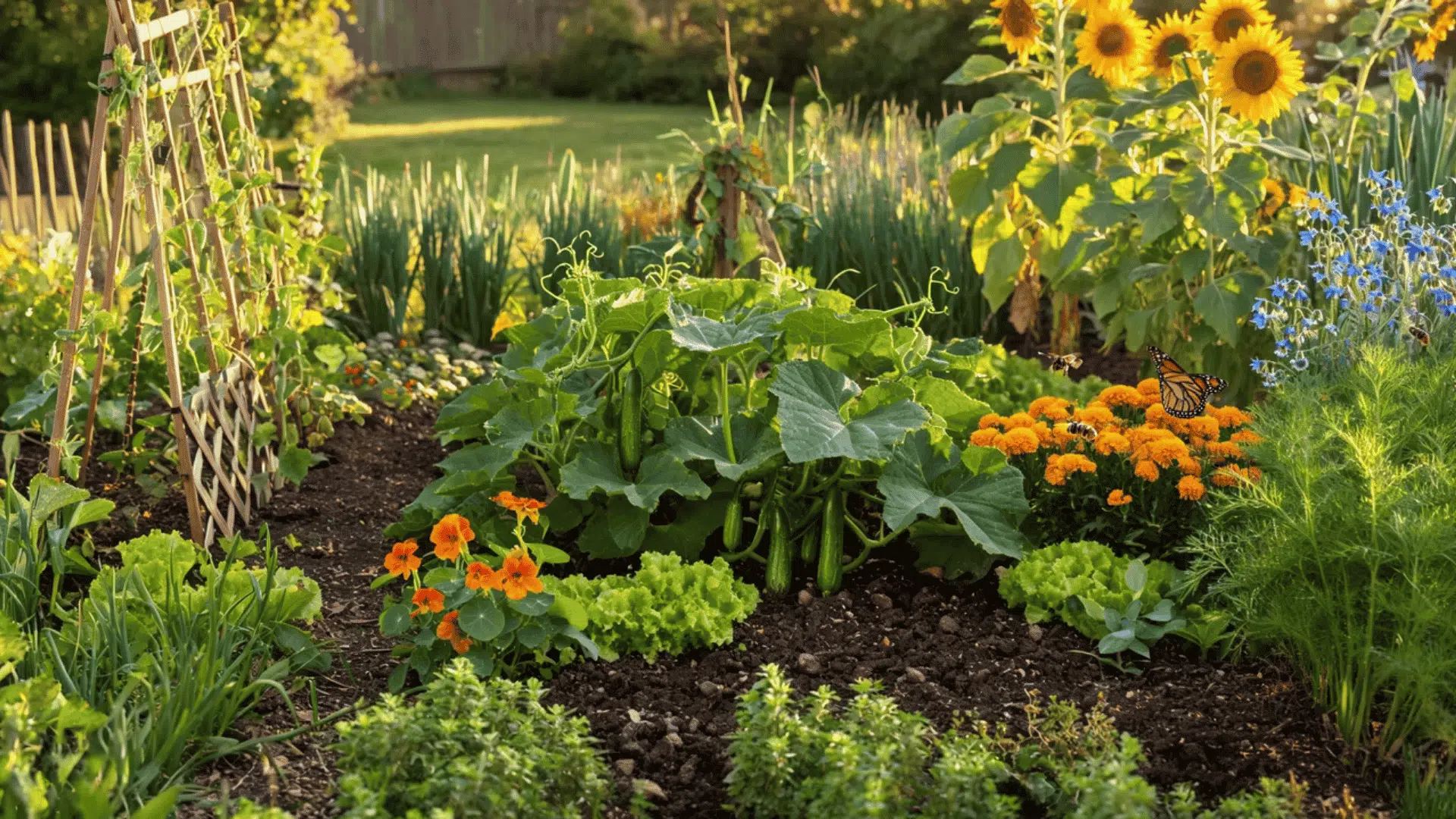 garden beds with cucumber vines, marigolds, lettuce, sunflowers, herbs and onions in backyard garden with fence