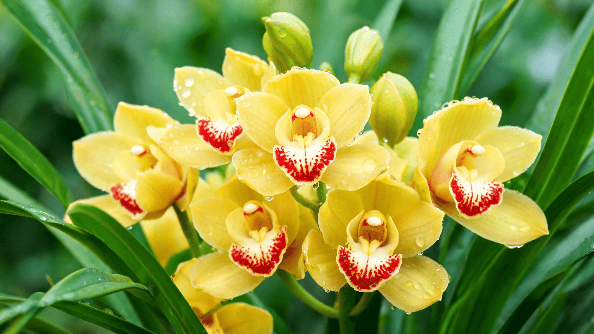 A cluster of blooming yellow Cymbidium orchids with red-speckled centers and water droplets on the petals.