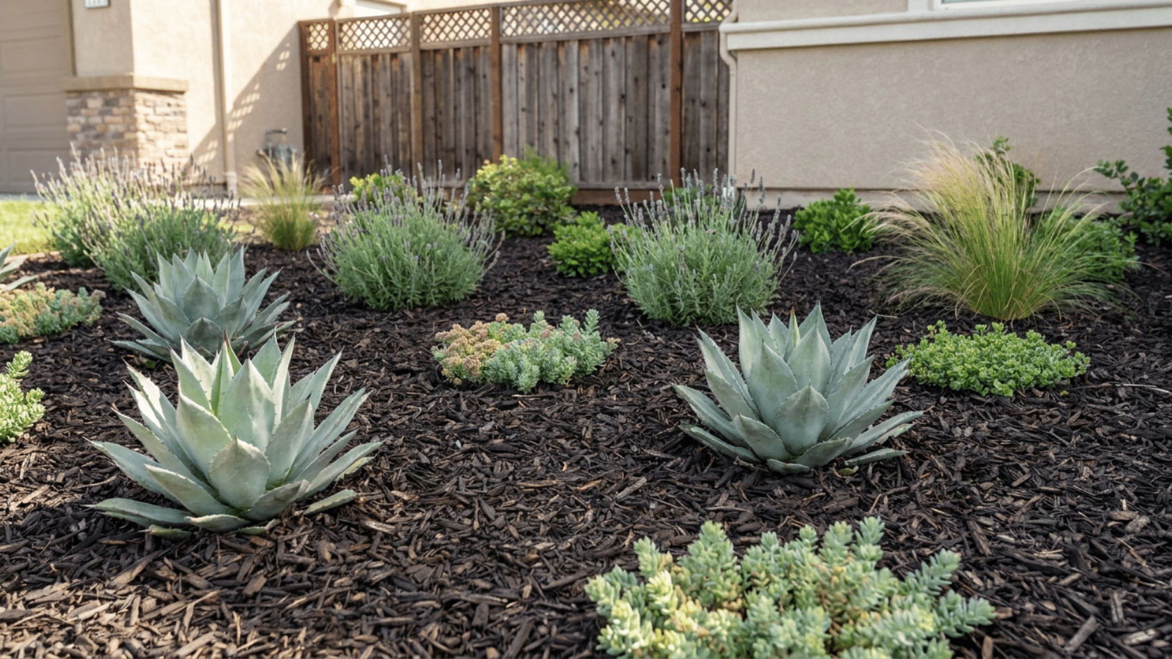 Flower garden ideas showing a drought-tolerant garden bed with agave, lavender, sedum, and ornamental grasses against dark mulch in a residential garden.
