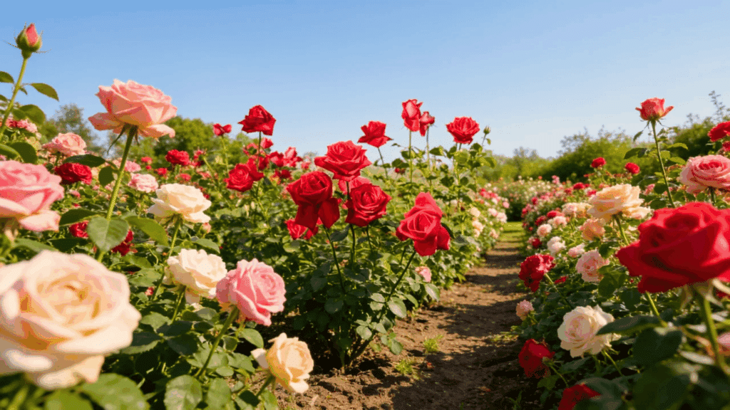 Different types of rose garden with red, pink, and white rose varieties blooming along a sunny pathway.