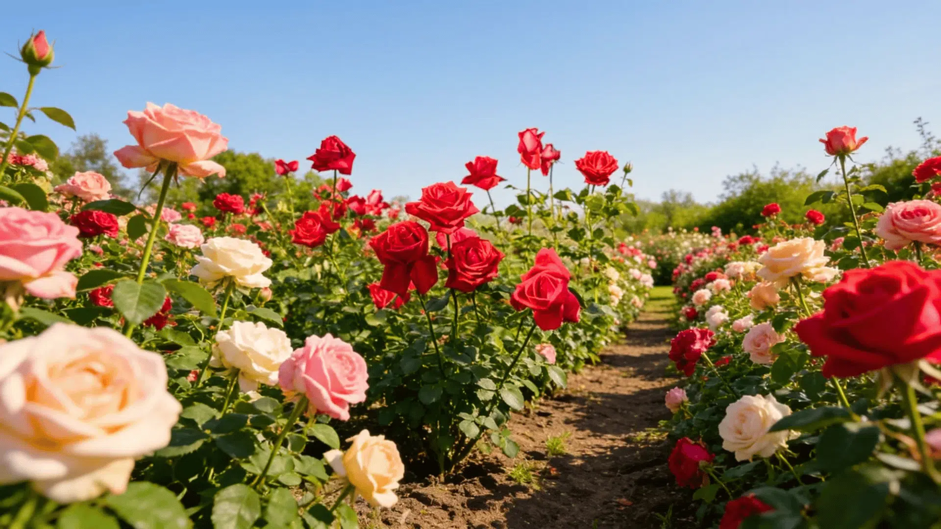 Different types of rose garden with red, pink, and white rose varieties blooming along a sunny pathway.