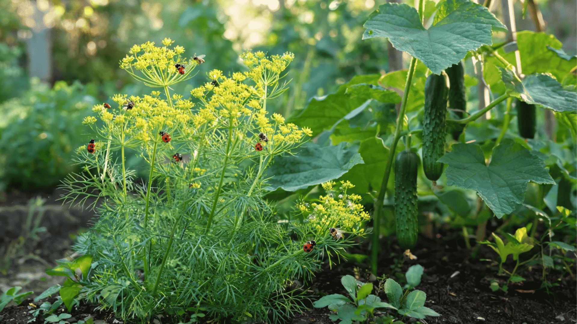 dill plant with yellow flower clusters and insects beside cucumber vine with cucumbers growing in garden bed