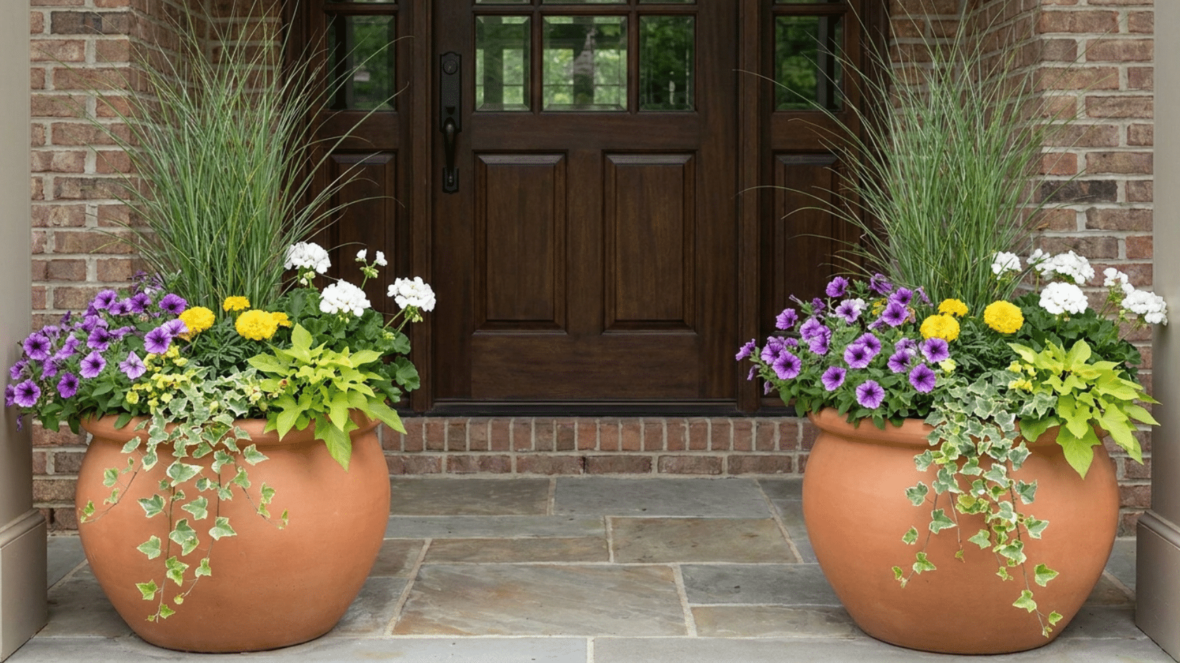 Flower garden ideas for small spaces showing two matching doorstep pots flanking a front door each with a tall thriller plant, mid-height fillers, and trailing spillers.