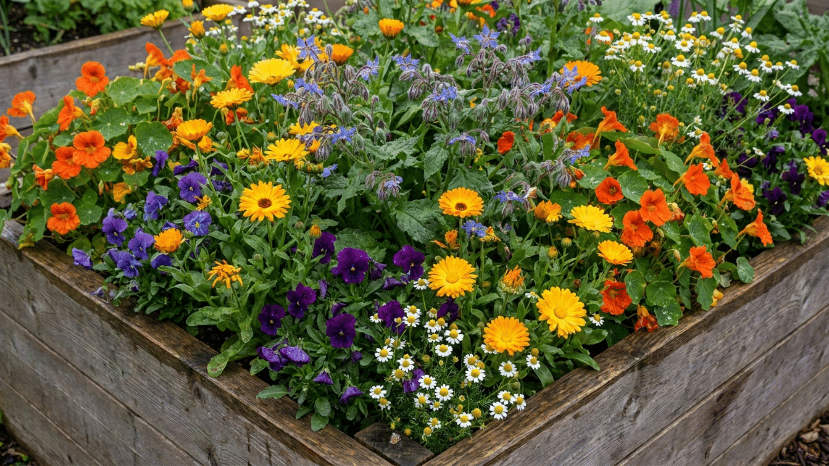 Edible flower garden idea overflowing with nasturtiums, calendula, pansies, borage, and chamomile in full bloom in a residential garden setting.