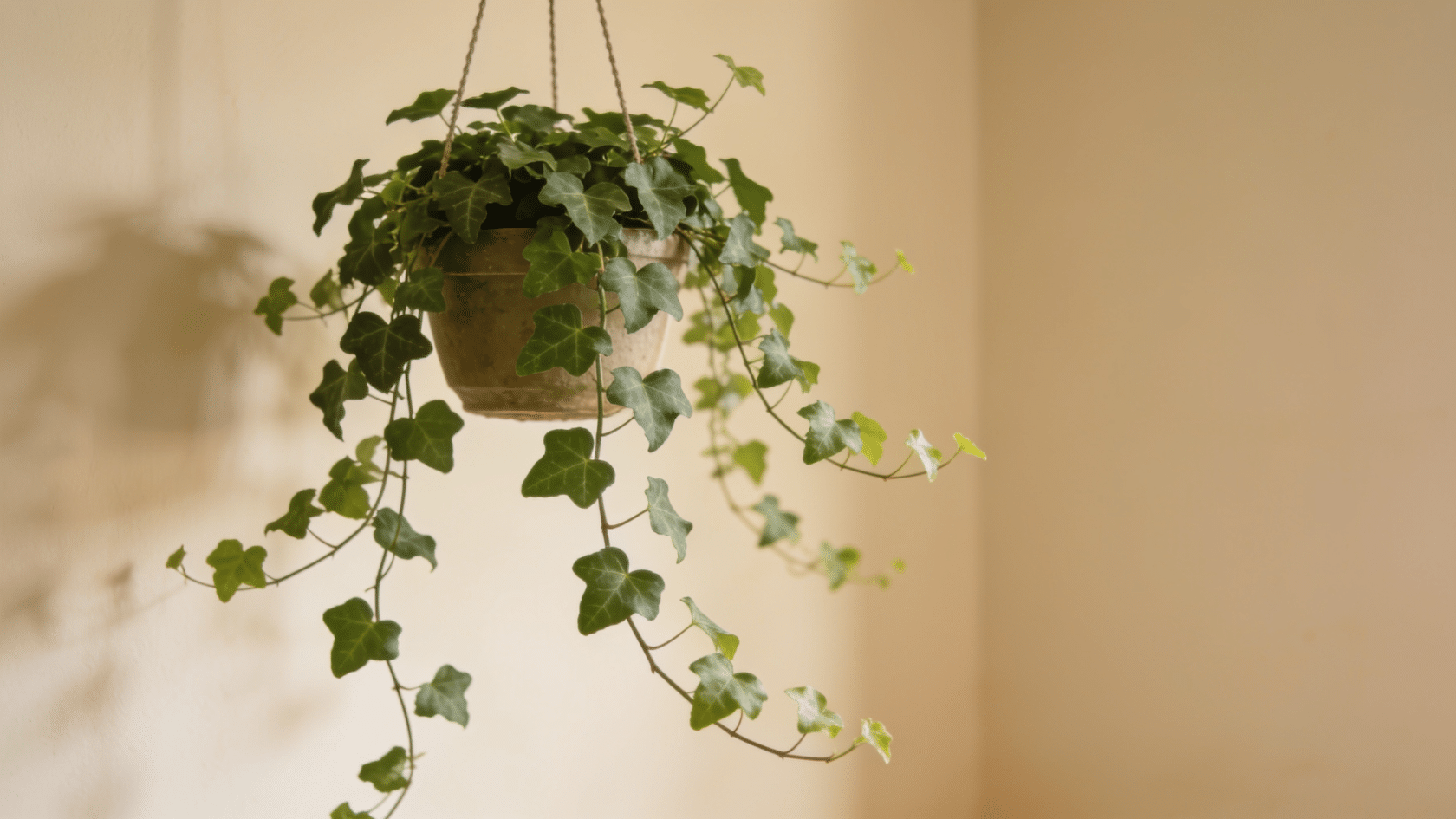 English ivy, a trailing common house plants choice, with small lobed leaves on a vine