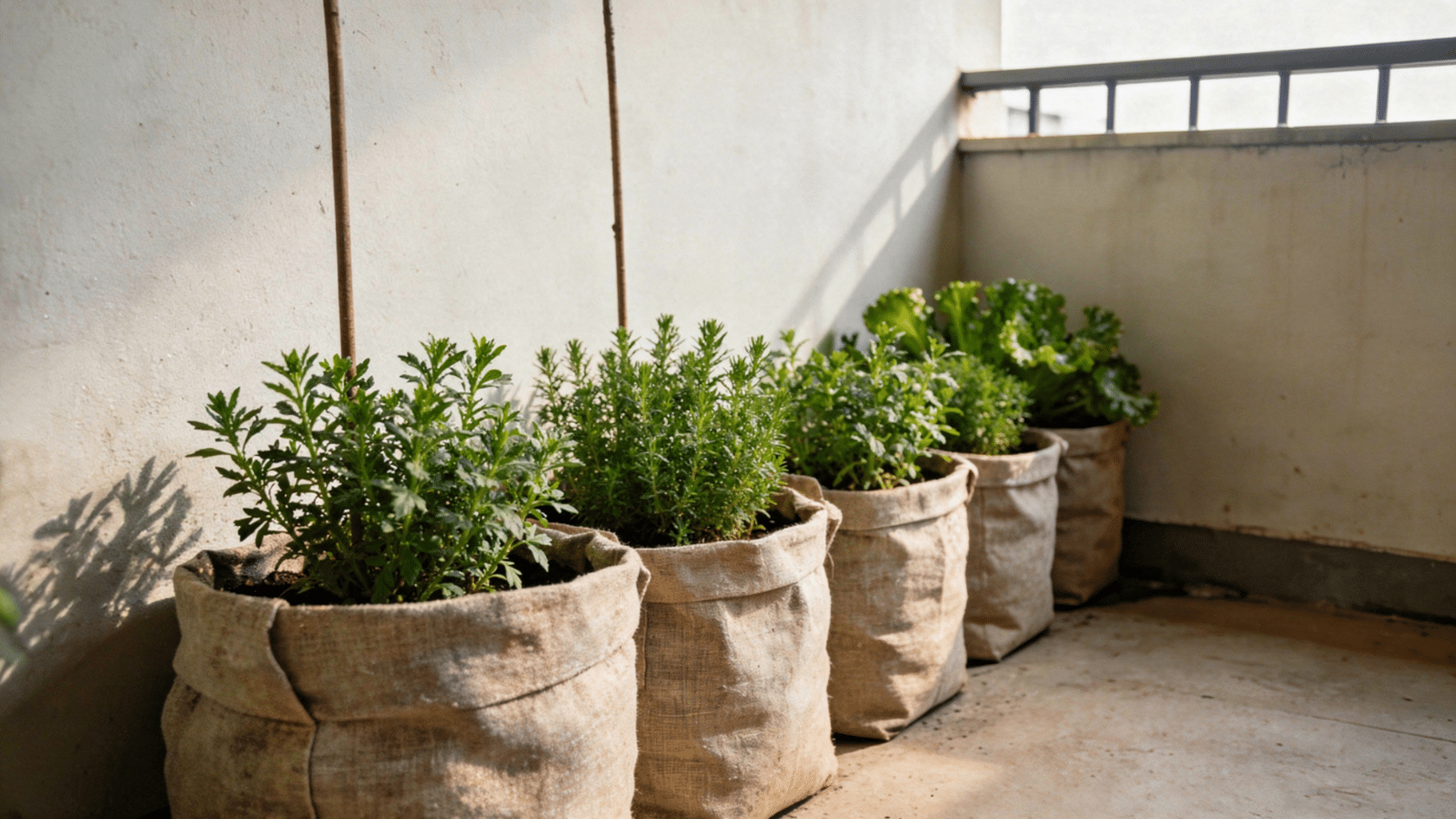 Fabric grow bags with vegetable plants arranged in a clean indoor balcony space as a container gardening idea