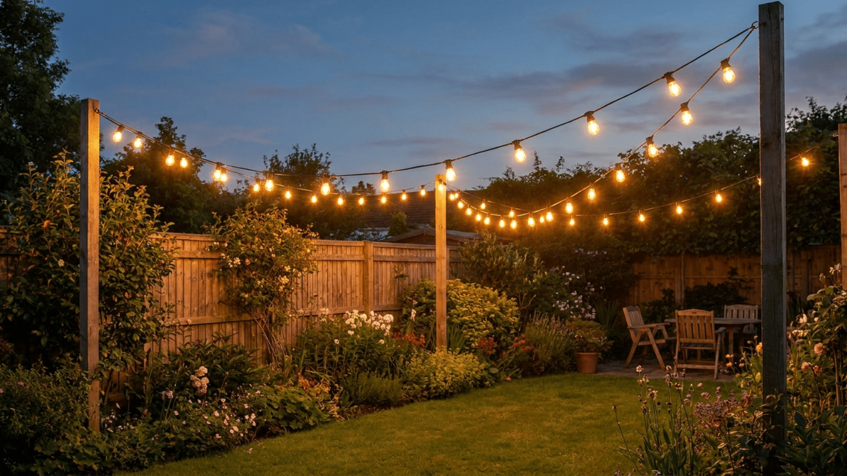 Flower garden decorating ideas showing warm white bulb string lights hung in a canopy over a residential garden with flower beds and lawn visible below at dusk.