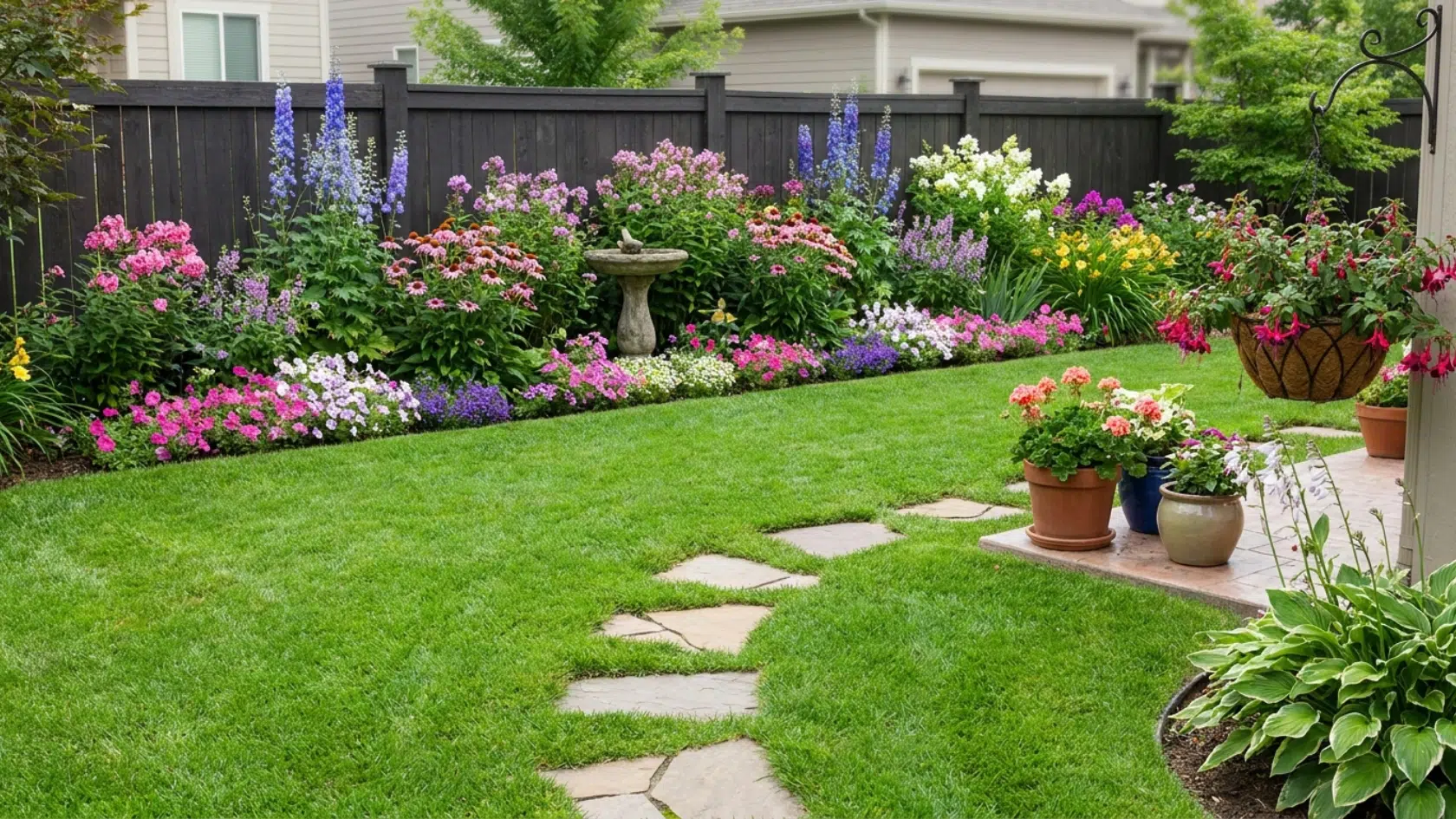Colorful flower garden ideas along a fence with a birdbath and stone path