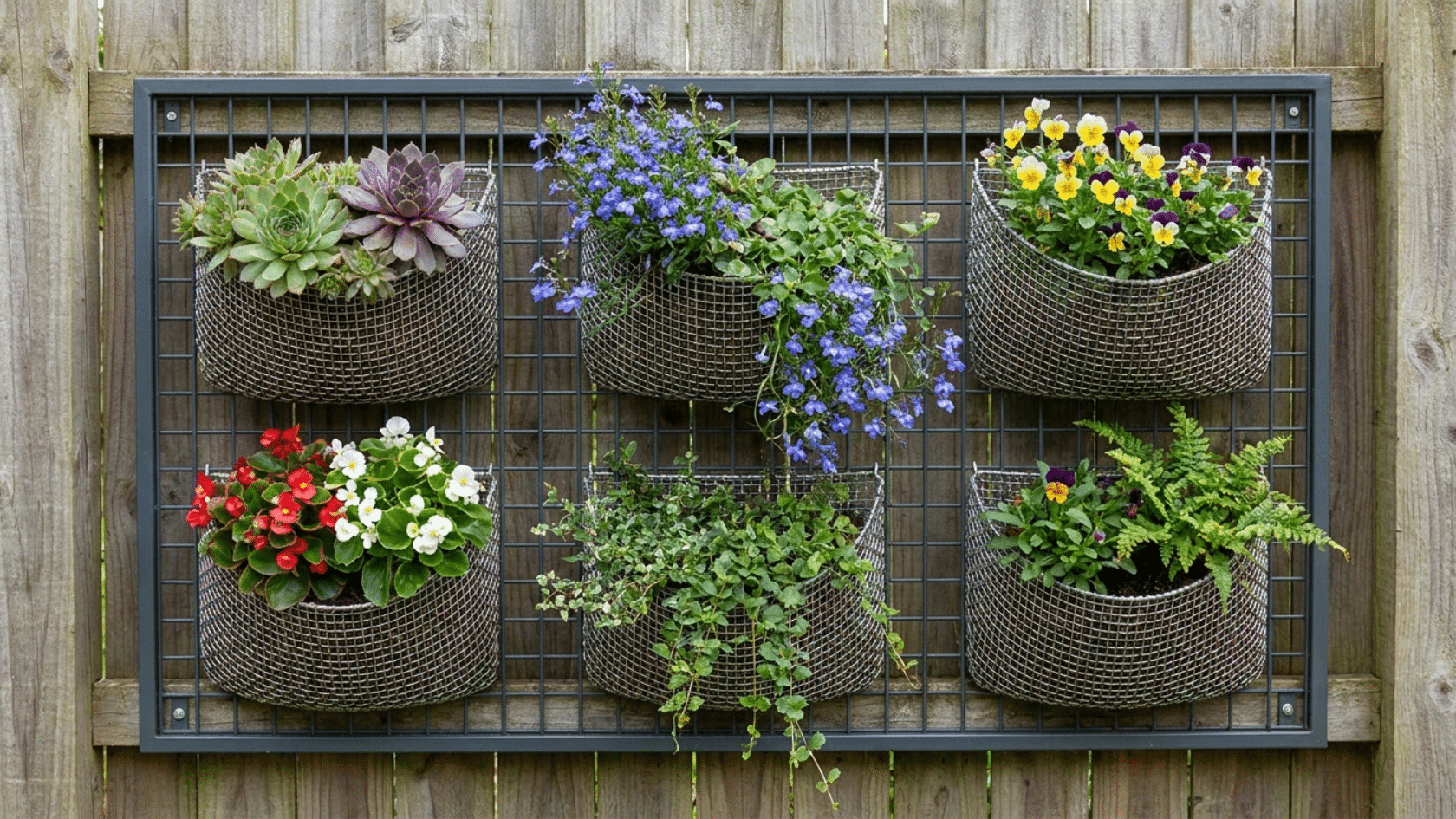 Flower garden ideas for small spaces showing a fabric pocket planter panel mounted on a garden fence with succulents, lobelia, and violas in individual compartments.