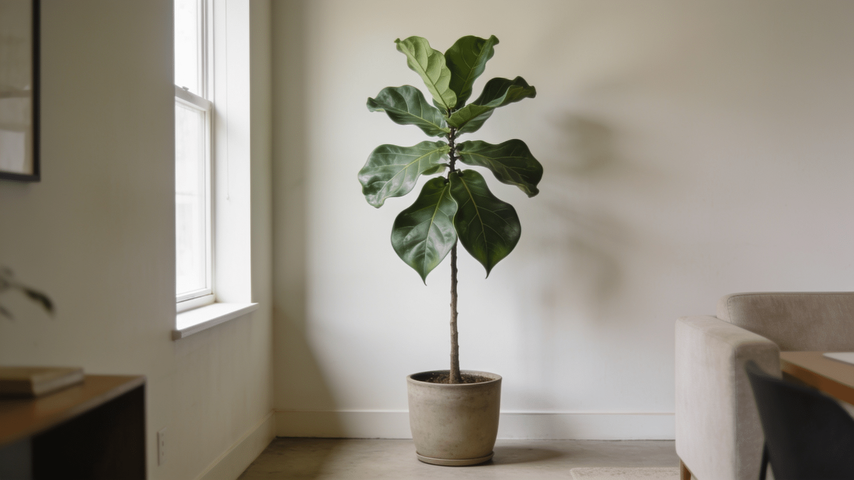 Fiddle leaf fig, a statement common house plants choice, with large violin-shaped leaves