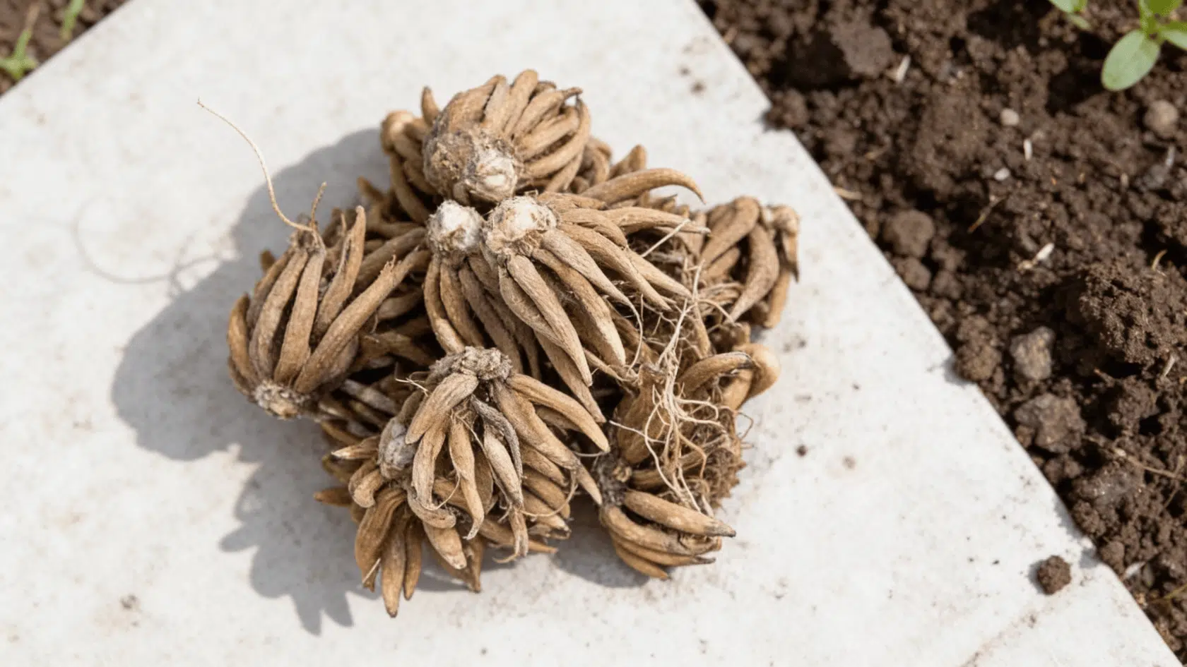 Firm dry ranunculus corms on a gardening surface beside loose soil