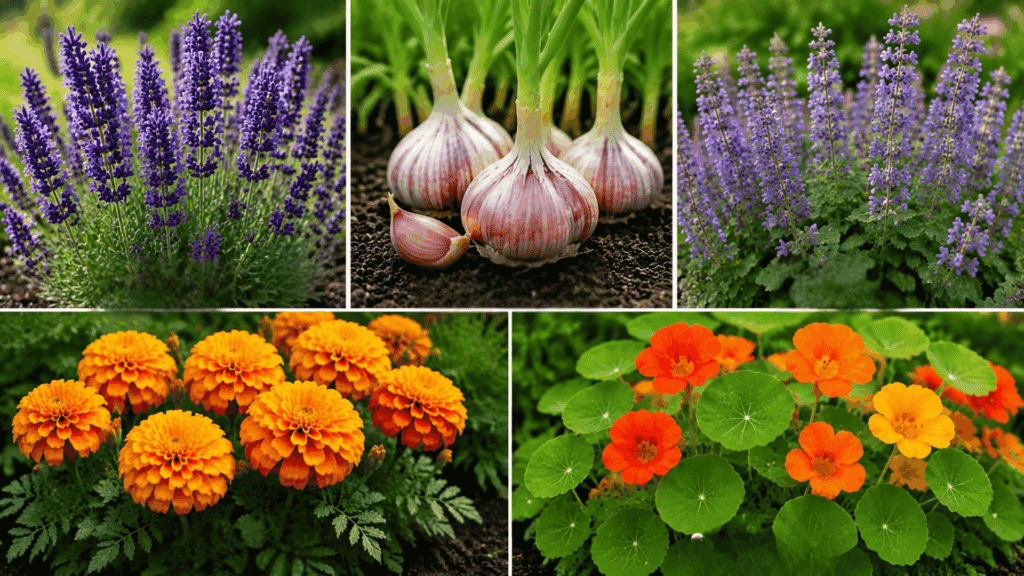 Collage showing five garden companion plants including lavender, garlic, catmint, marigolds, and nasturtiums arranged in a grid.