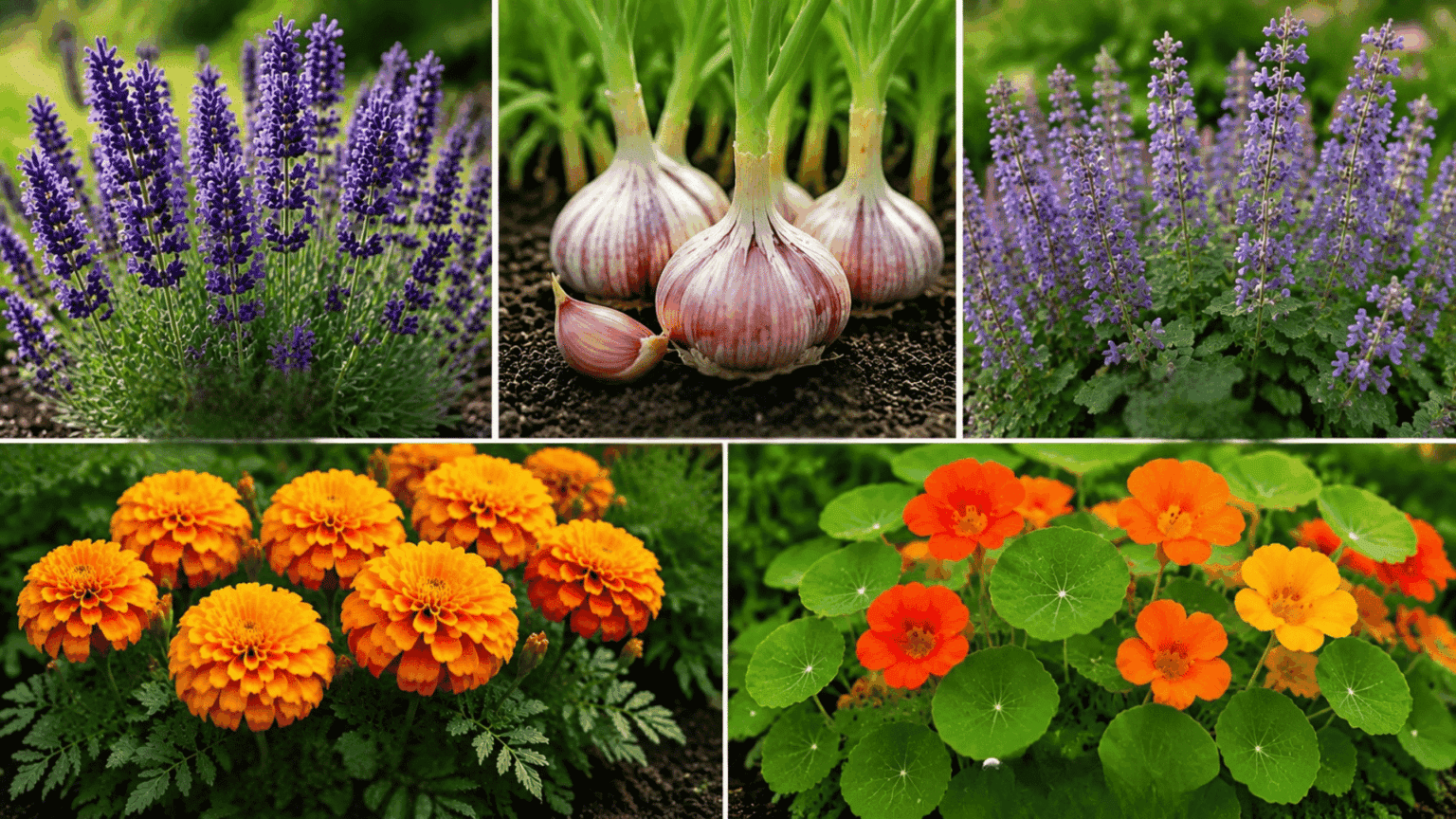 Collage showing five garden companion plants including lavender, garlic, catmint, marigolds, and nasturtiums arranged in a grid.