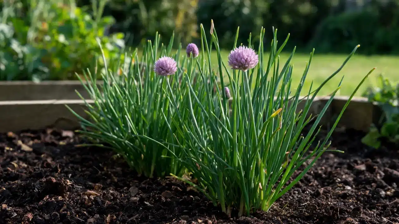 flowering chives blooming in healthy raised garden bed