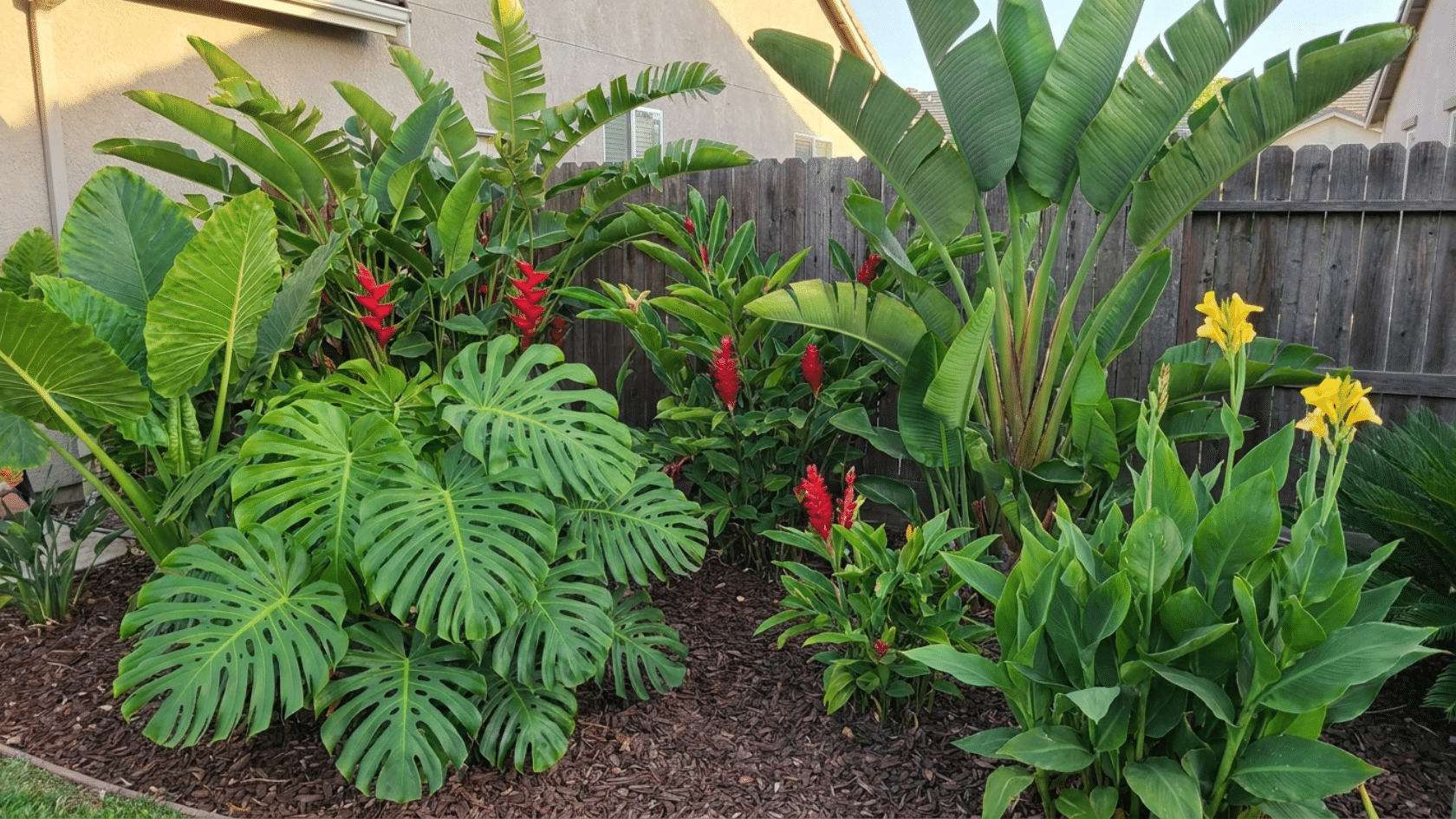 Flower garden ideas showing a tropical foliage garden with monstera, alocasia, and bird-of-paradise leaves alongside red and yellow flowering plants in a residential garden.