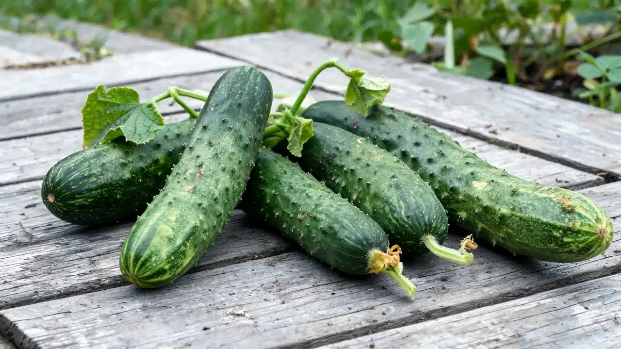 fresh cucumbers with leaves on wooden garden table