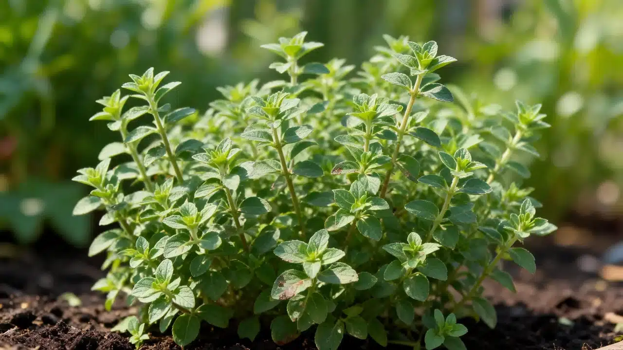 Fresh oregano plant growing in sunny garden soil