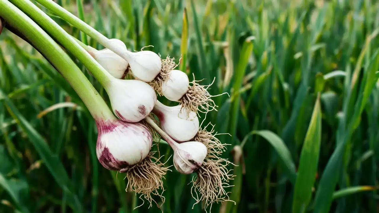 freshly harvested garlic bulbs with roots and green stalks