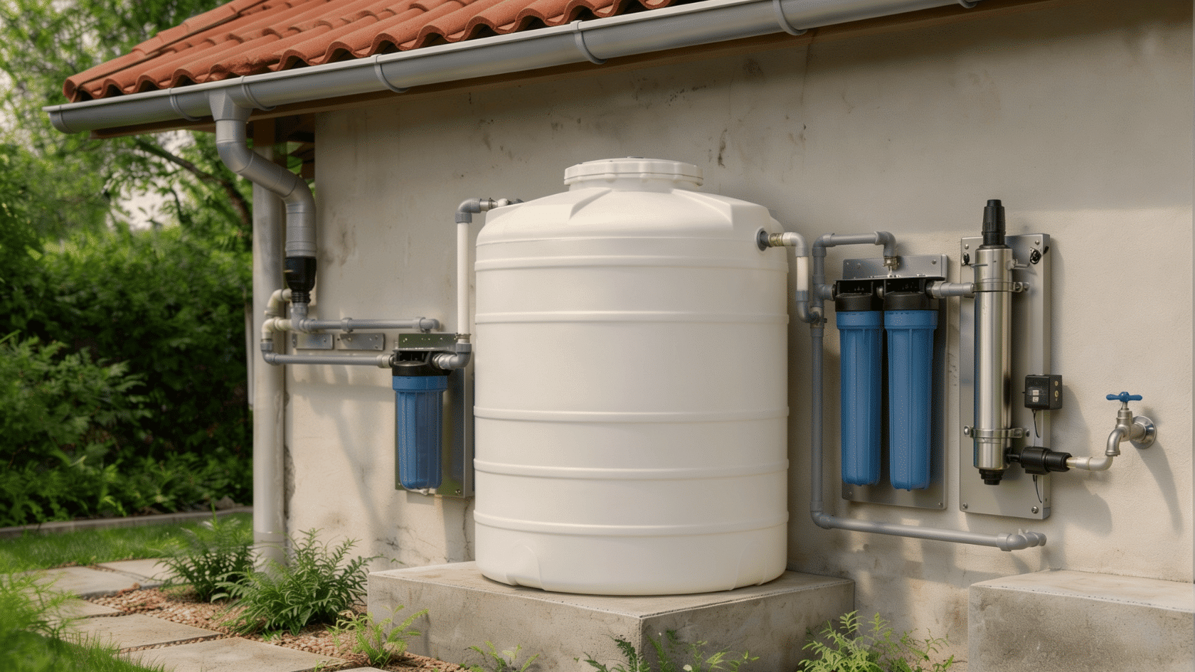 Full rainwater filtration system from roof collection through filters and storage tank to UV sterilizer for drinking water.