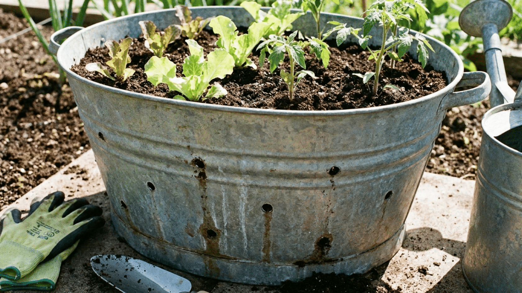 A large galvanized metal tub with drainage holes for container gardening.