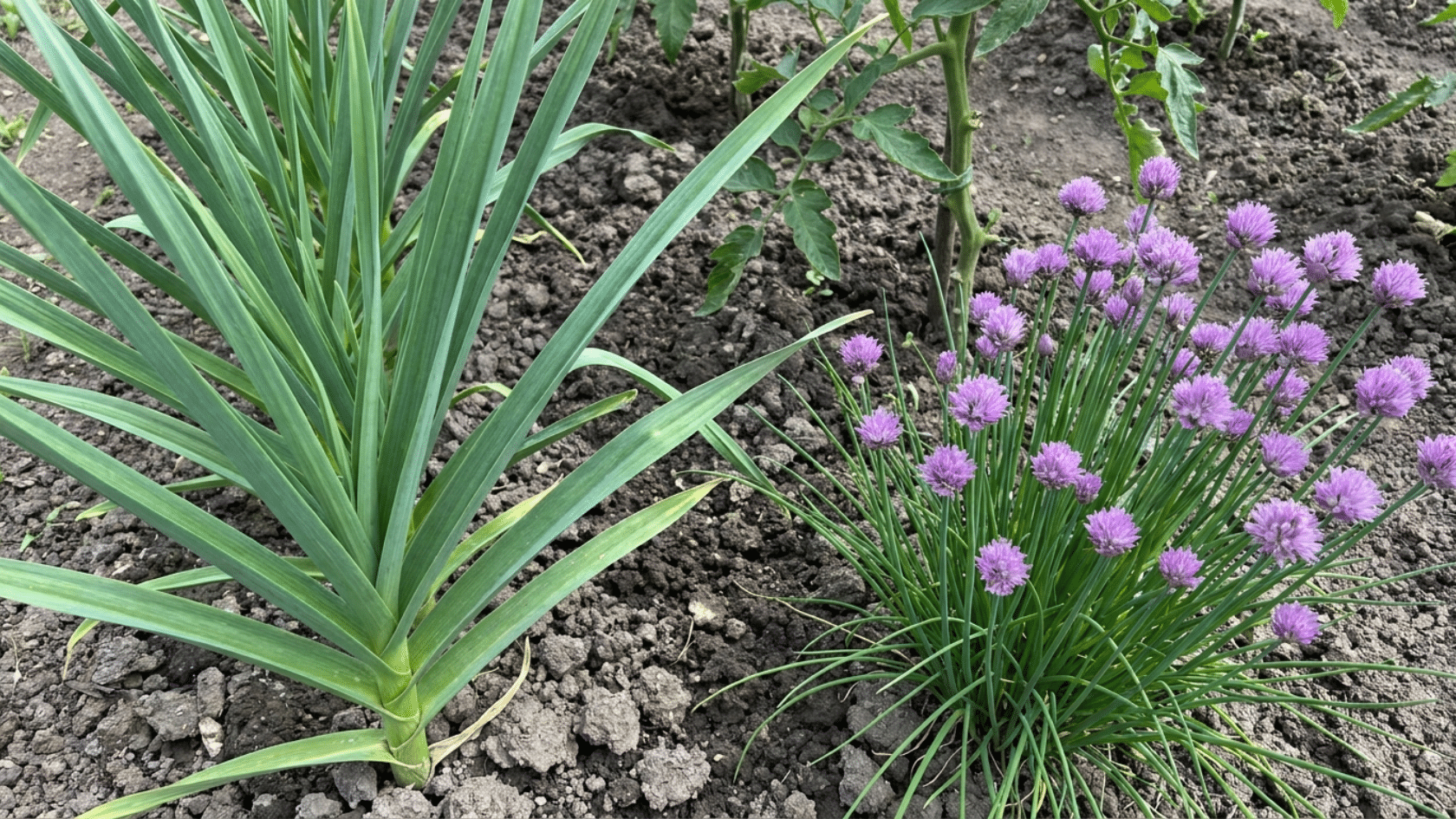 Garlic and chives planted as tomato companion plants to deter pests.