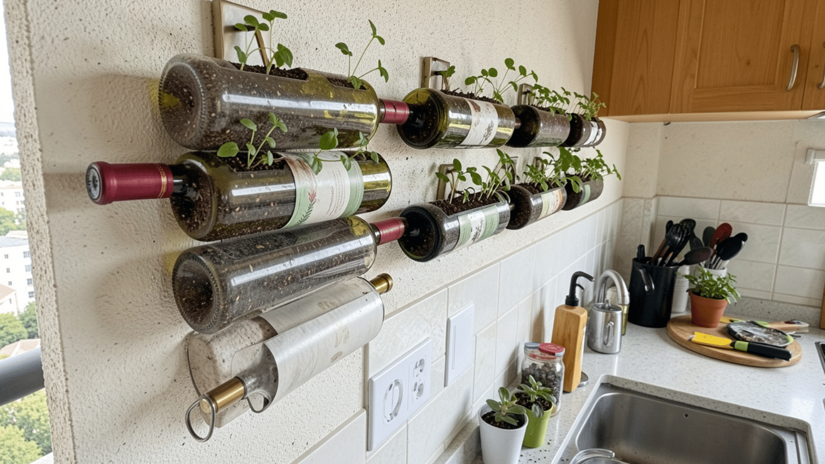 Wine bottles mounted on wall used as herb planters for container gardening