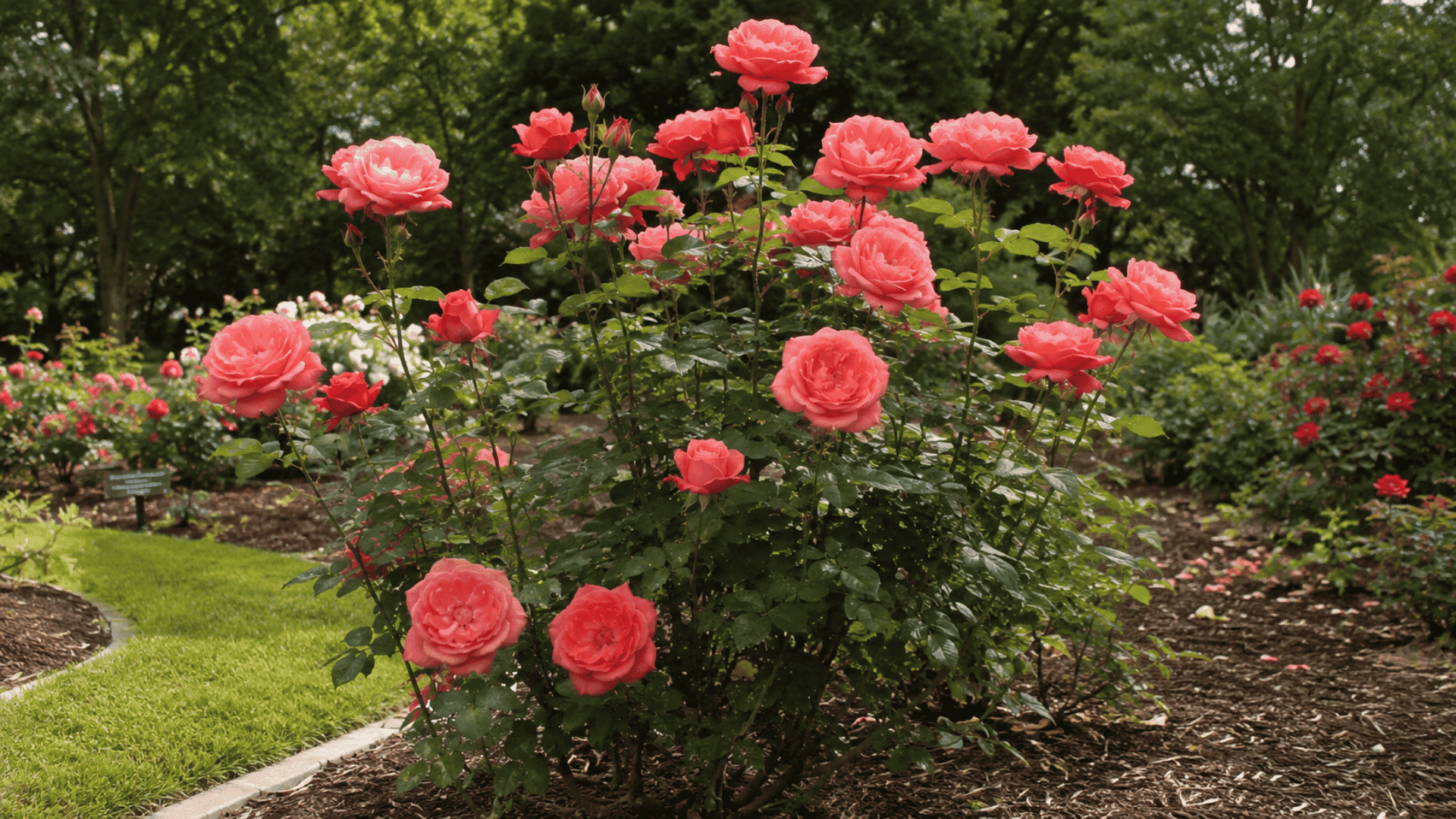 Grandiflora roses blooming on tall stems in a sunny garden bed with lush green foliage and natural landscaping.