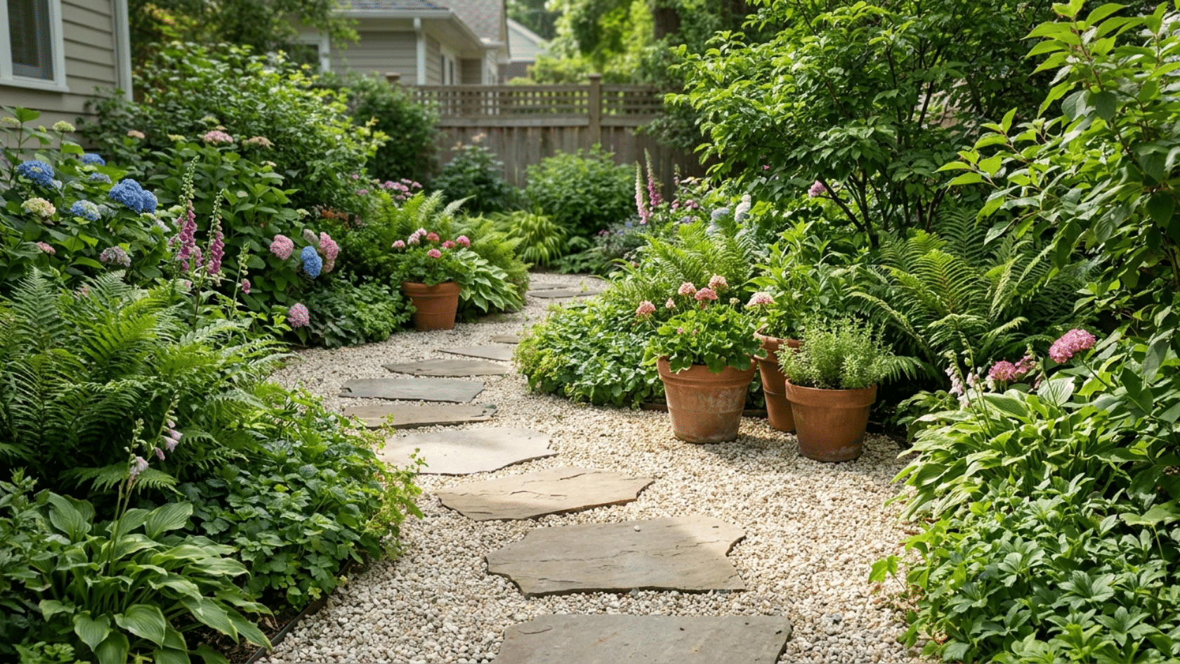 Garden decorating ideas showing pale gravel with flat stepping stones winding through a lush residential garden with dense flowering plants and containers on either side.
