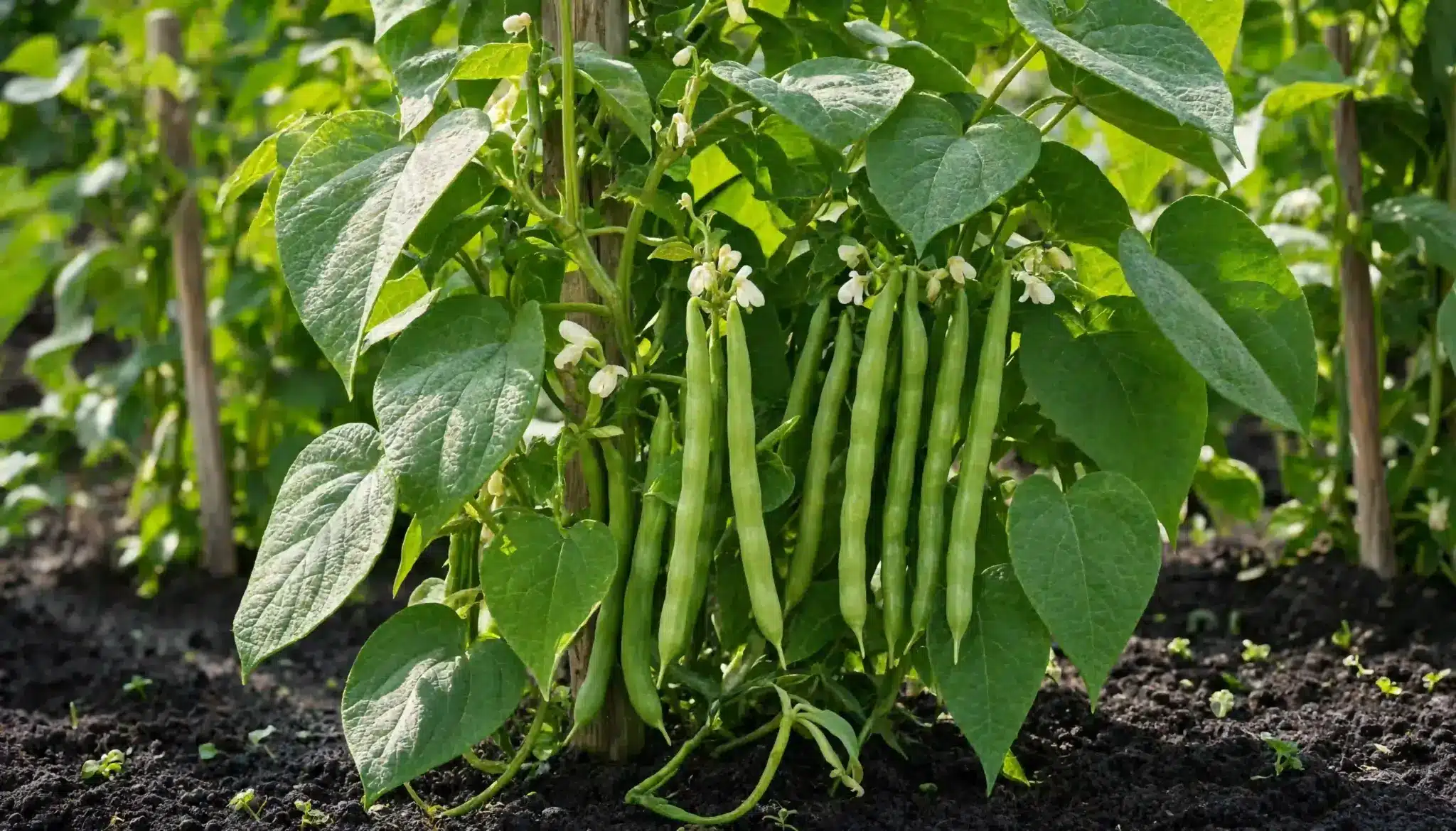 Green beans growing on healthy garden vine with blossoms