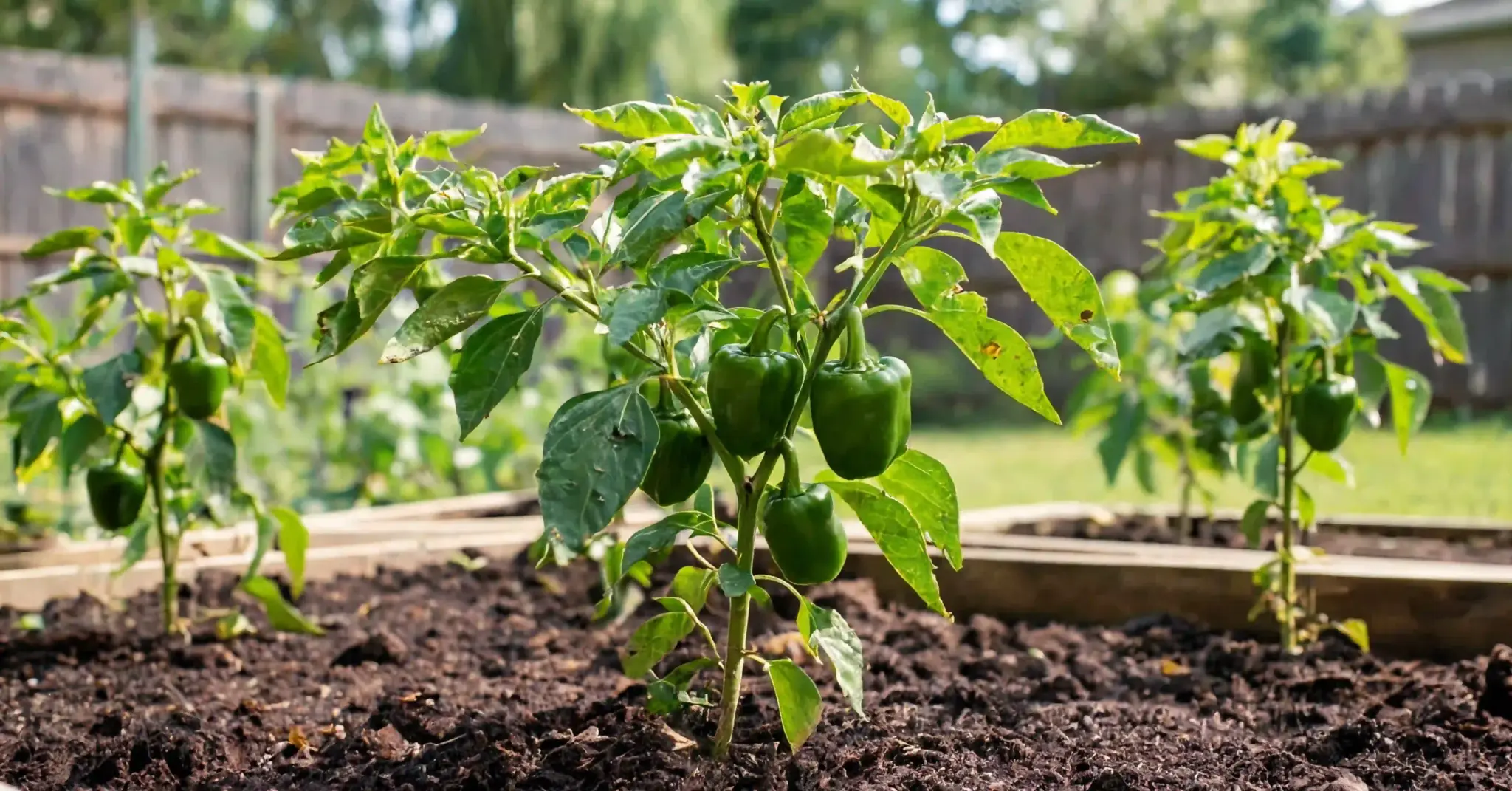 Green bell pepper plants growing in raised garden bed