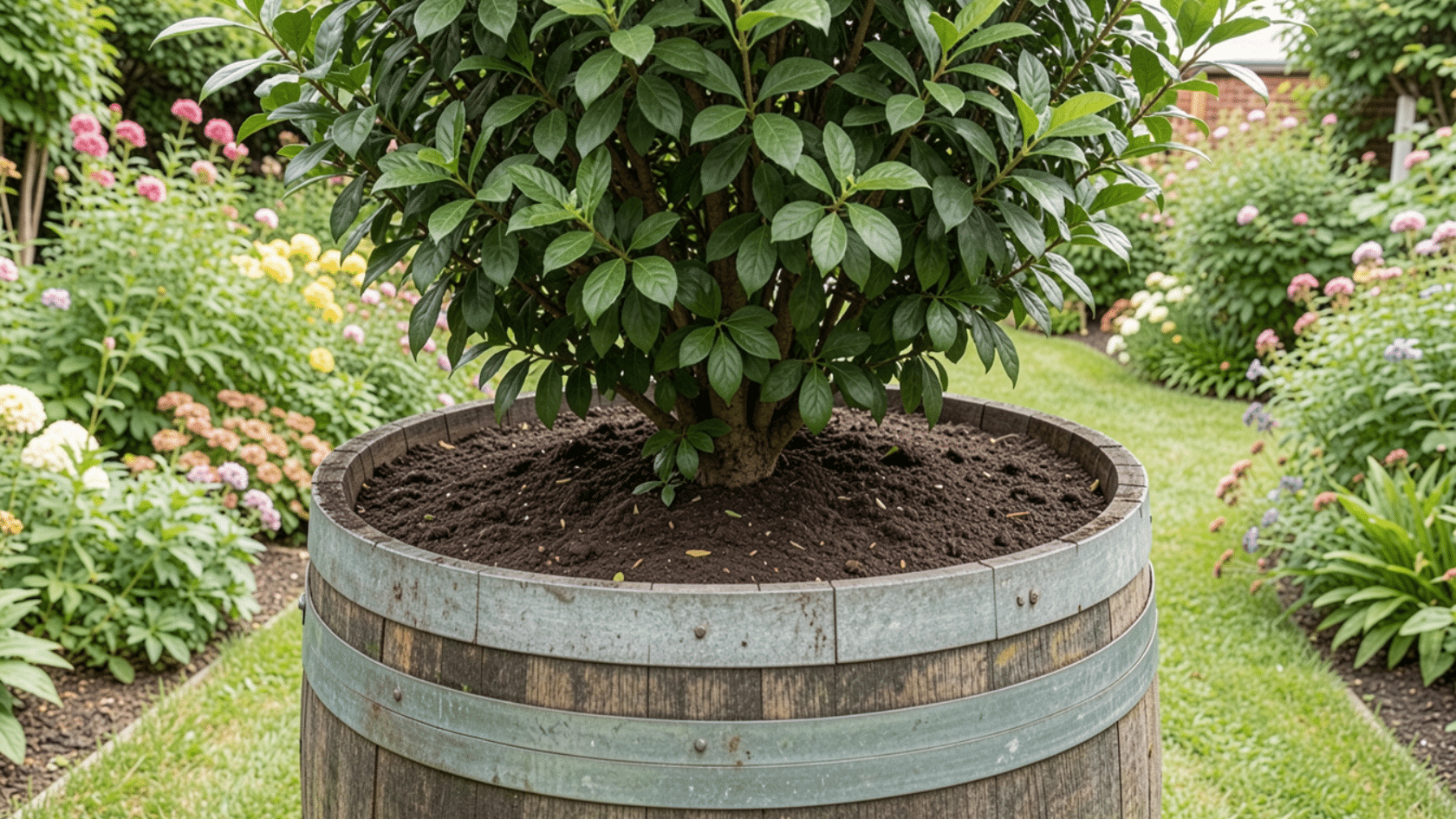 Wine barrel with small tree planted in soil in garden setting wine barrel used for container gardening ideas with small tree planted in soil in garden setting wine barrel used for container gardening ideas with small tree planted in soil in garden setting as a container gardening idea