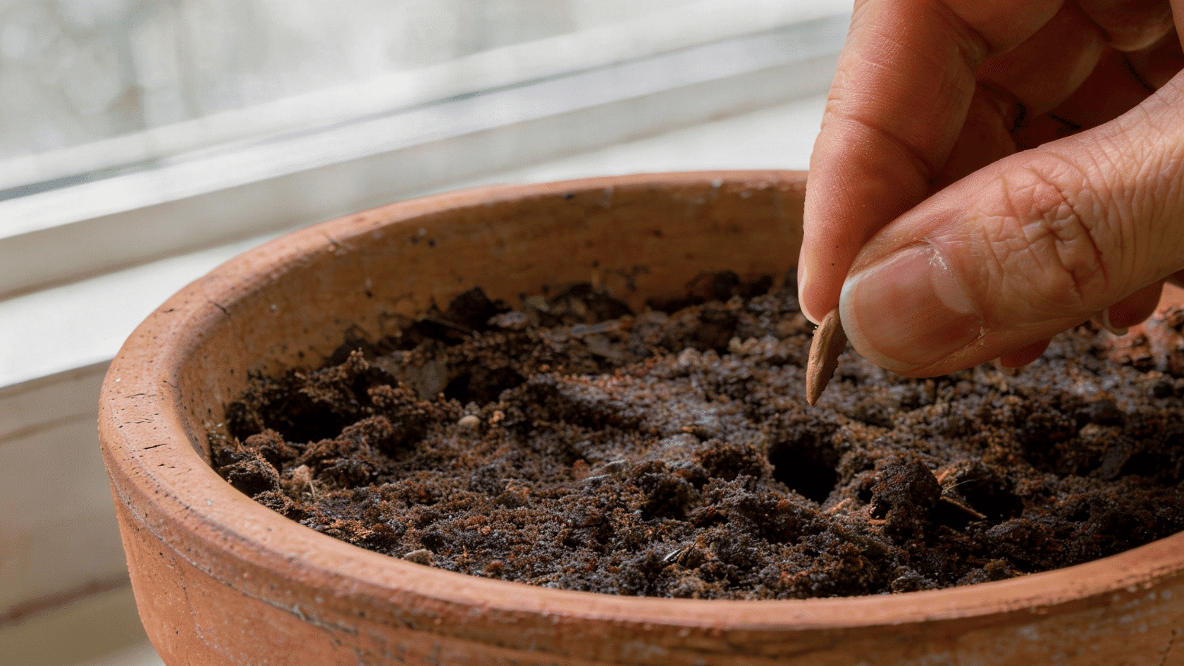 Hand placing a cosmos seed into soil in a terracotta pot on a windowsill