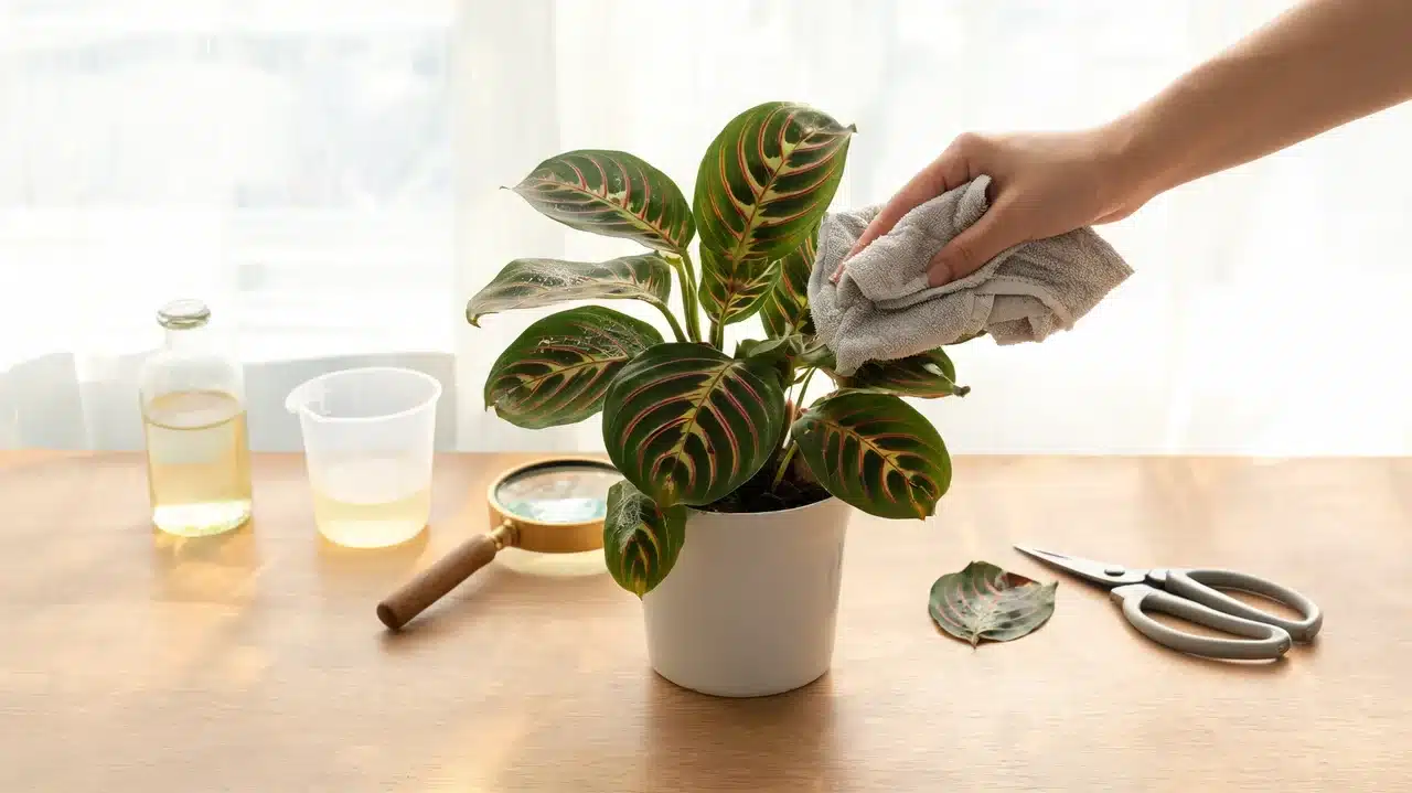 hand wiping prayer plant leaves during pest inspection