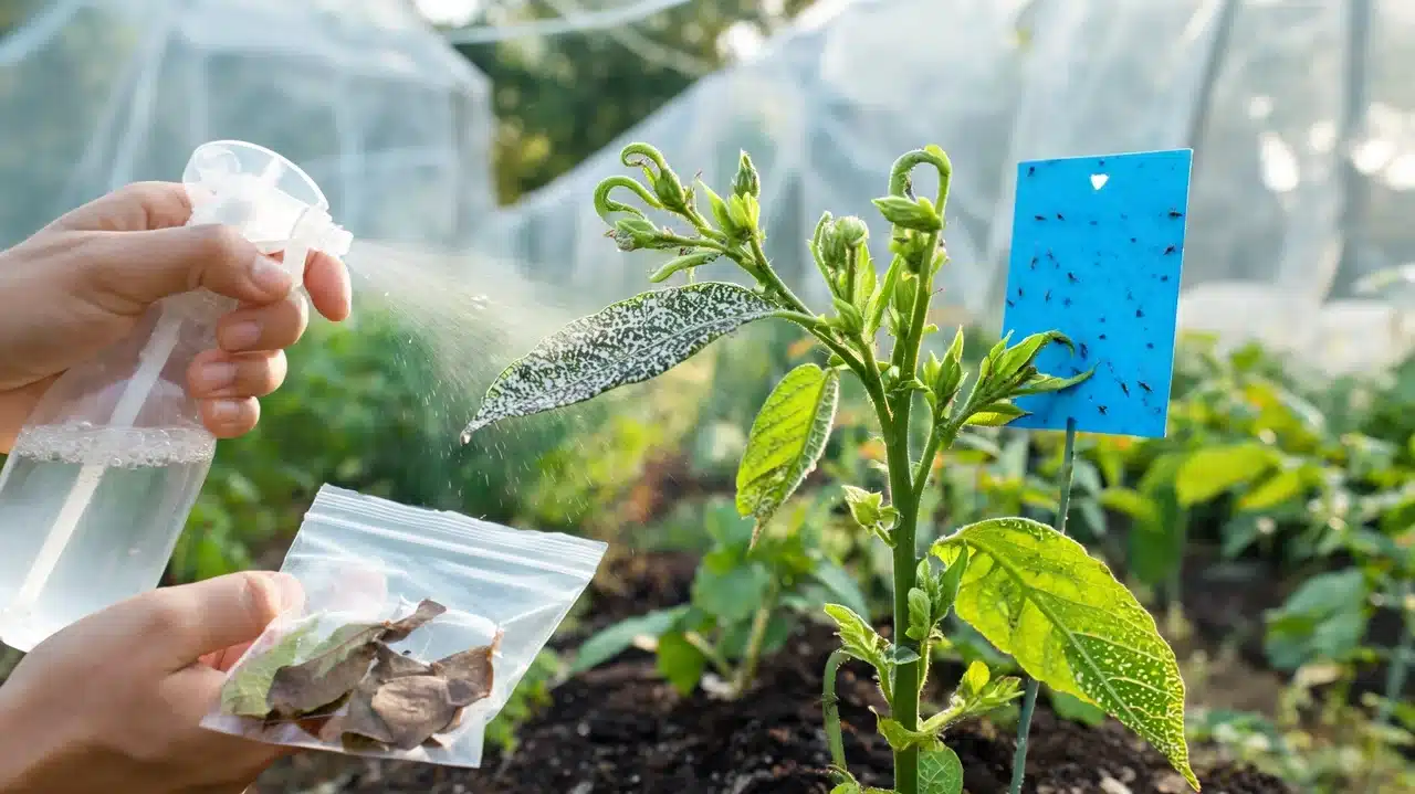 hands spraying damaged plant beside blue sticky trap