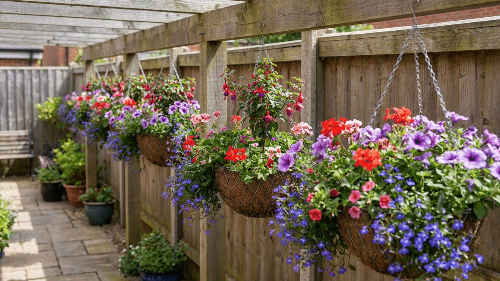 Flower garden ideas for small spaces showing trailing petunias and lobelia in hanging baskets suspended above eye level along a residential porch beam.