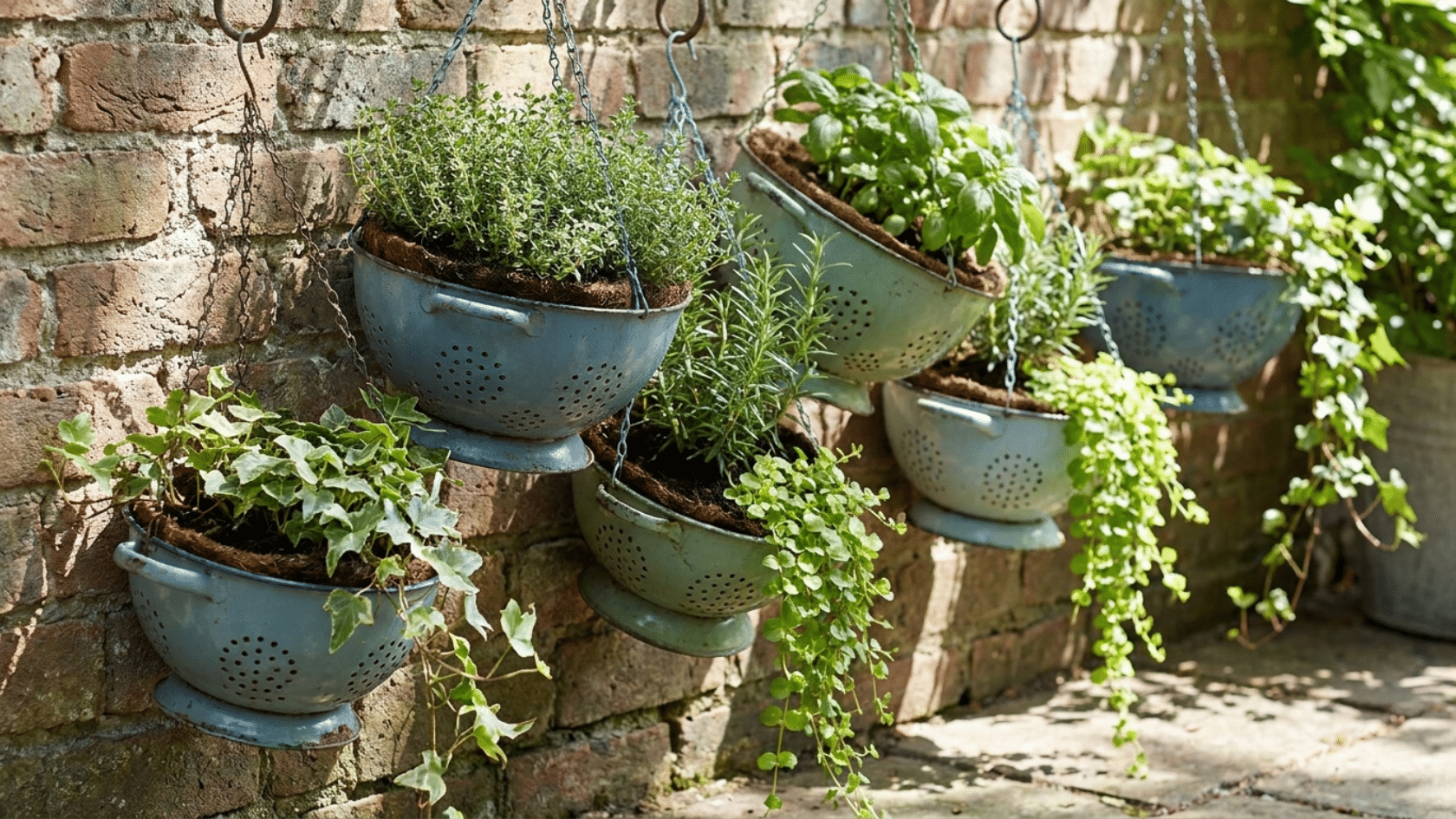 Several metal colanders hanging from chains against a brick wall as a container gardening idea.