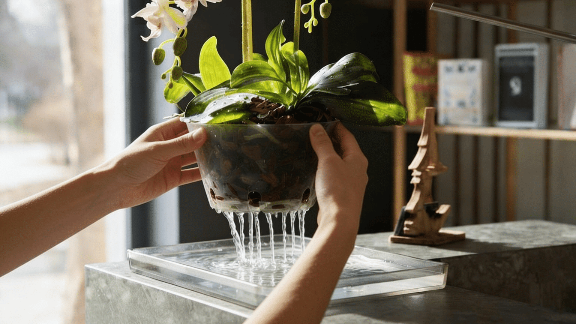 Orchid plant being watered with excess water draining from the bottom of the pot