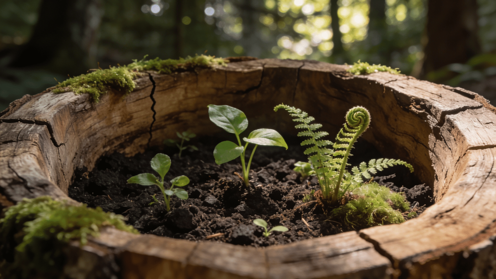 Hollow log filled with ferns and moss in a shaded garden setting as a container gardening idea.