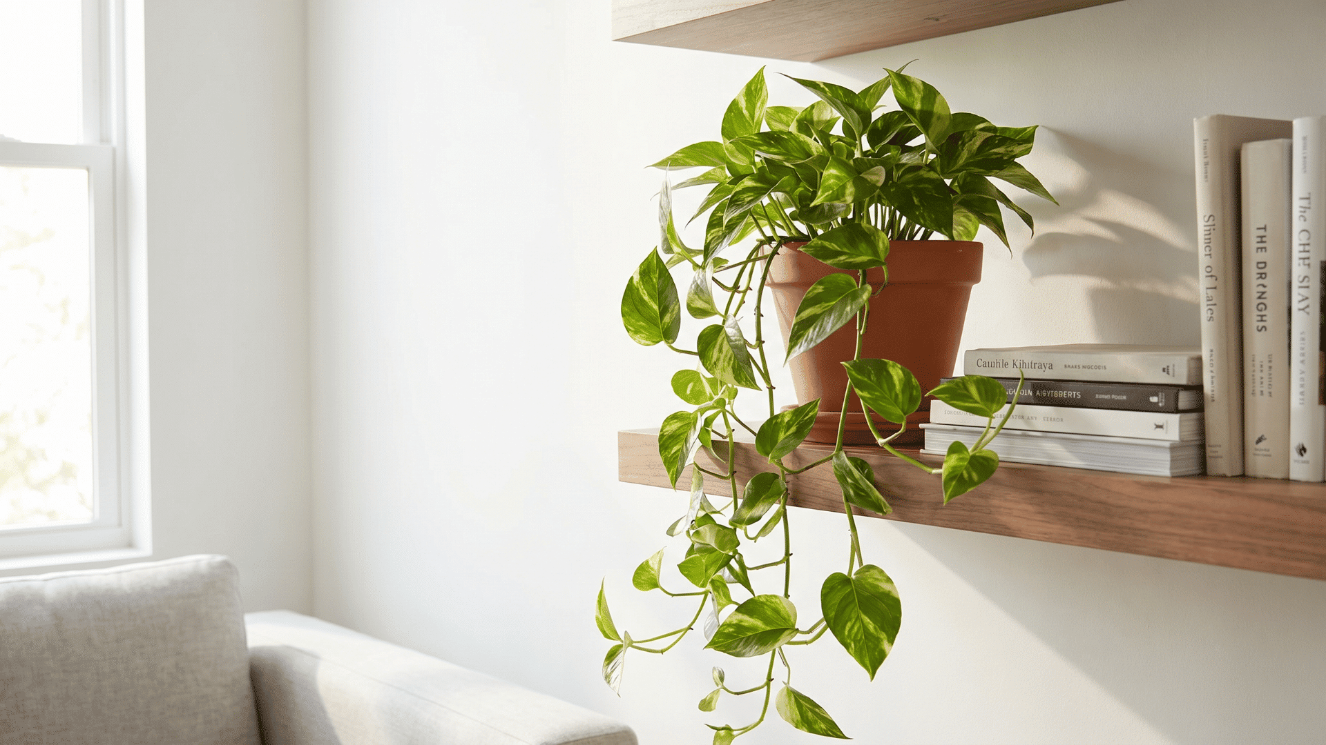 Green pothos plant in a terracotta pot displayed on a wooden shelf beside books in a bright room