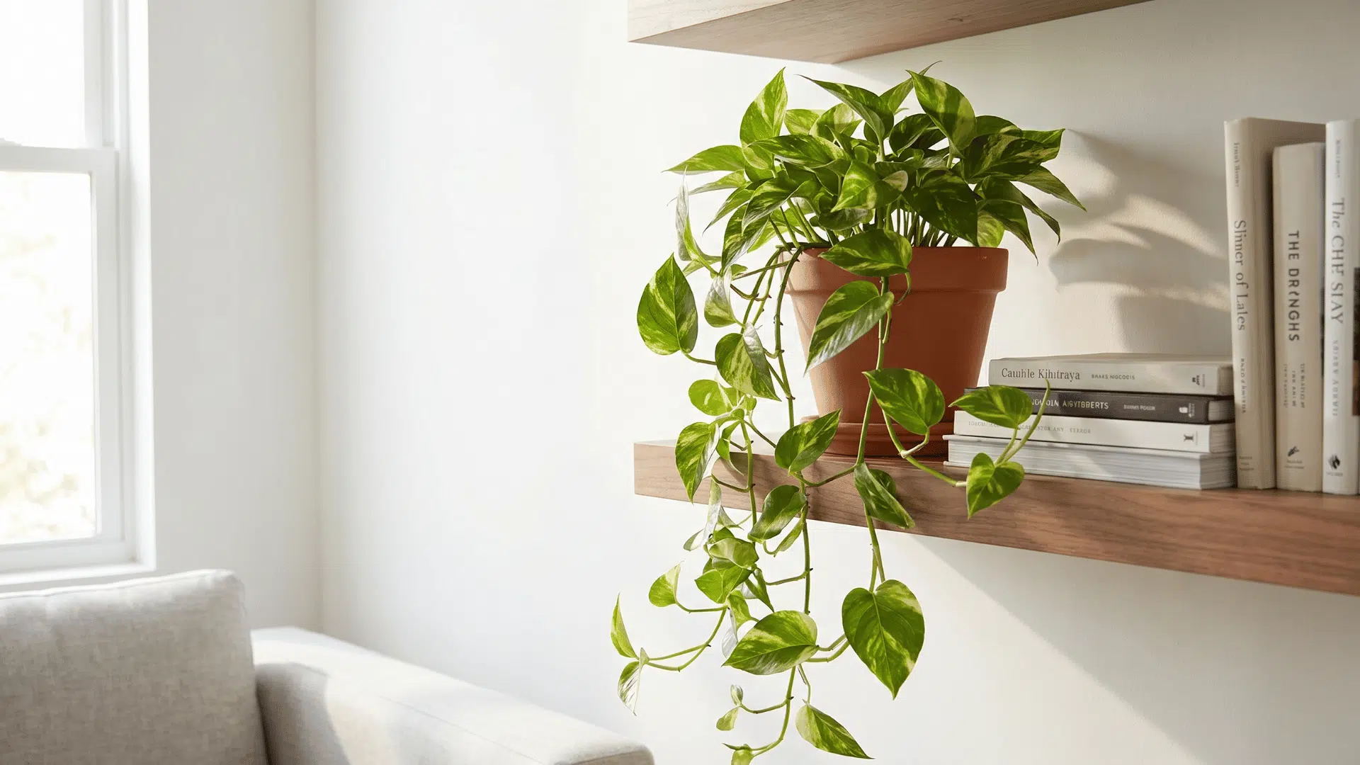 Green pothos plant in a terracotta pot displayed on a wooden shelf beside books in a bright room