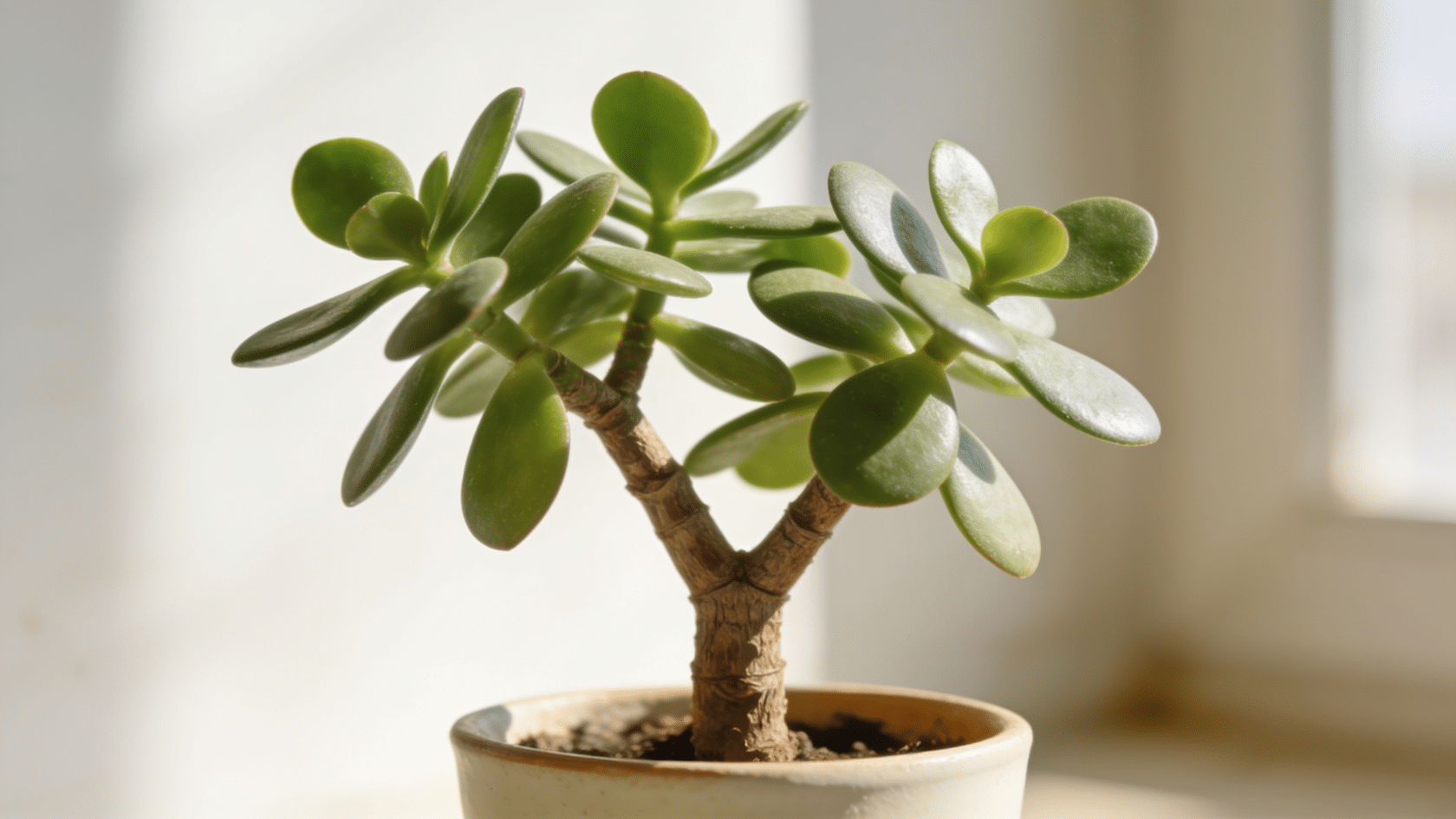 Jade plant, a long-lasting common house plants choice, with thick oval leaves on a woody stem