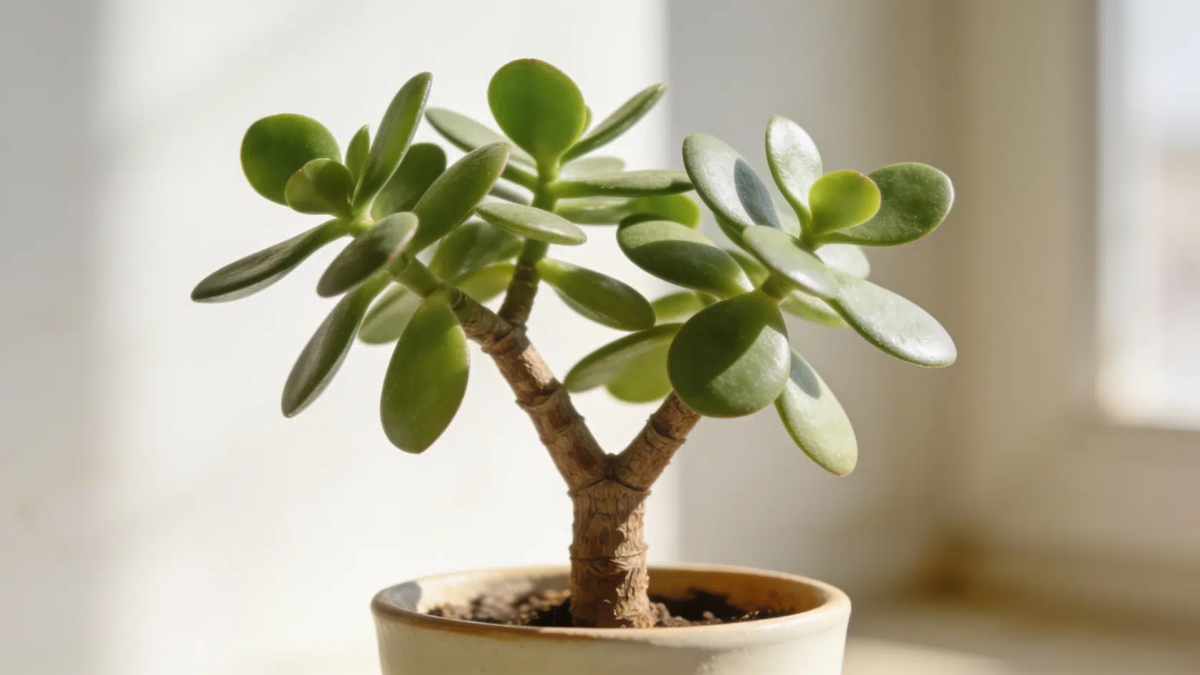 Jade plant, a long-lasting common house plants choice, with thick oval leaves on a woody stem