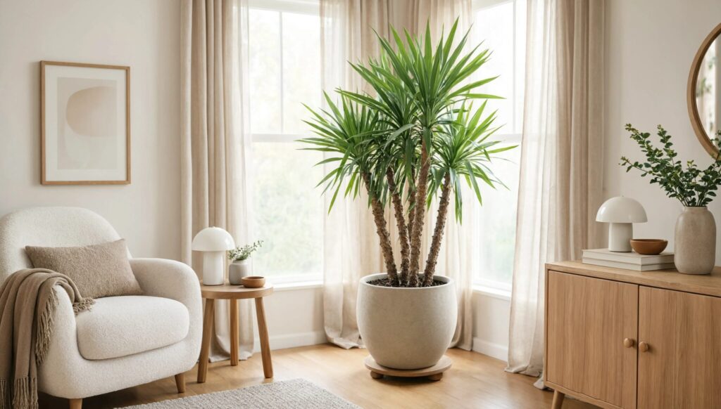 Potted indoor yucca plant in a bright, modern living room, perfect for yucca plant care guides.