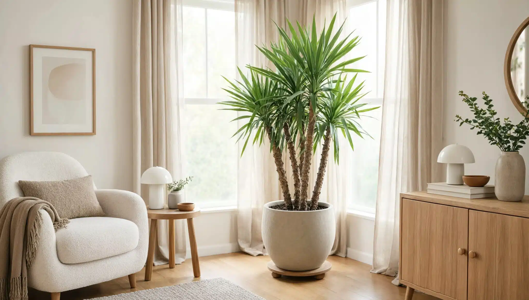 Potted indoor yucca plant in a bright, modern living room, perfect for yucca plant care guides.