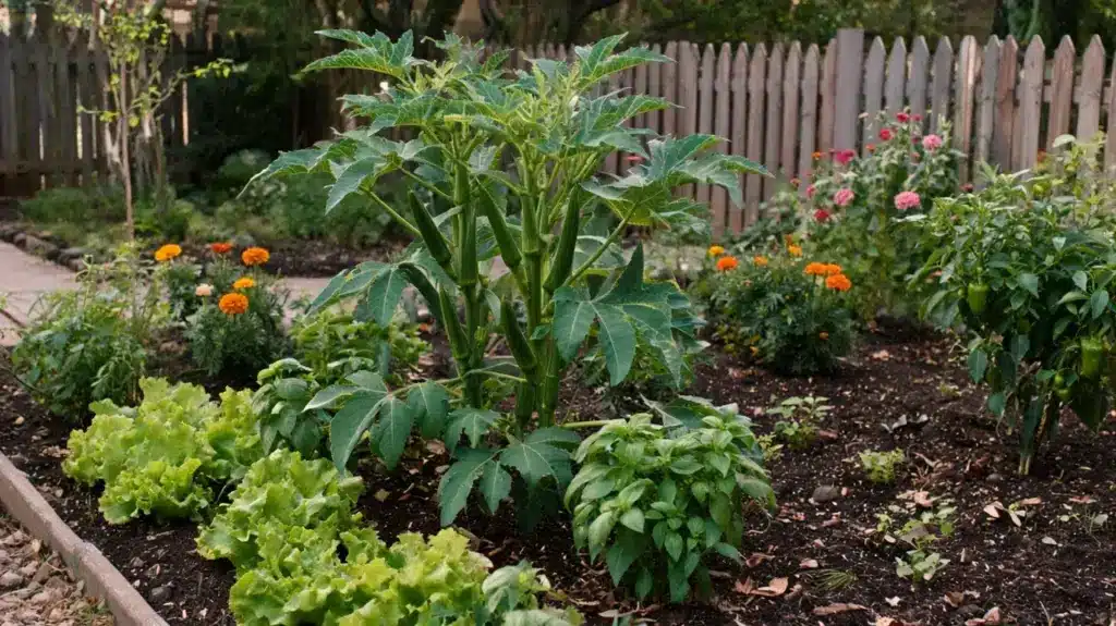 An okra plant growing in a garden bed alongside okra companion plants like lettuce and marigolds.