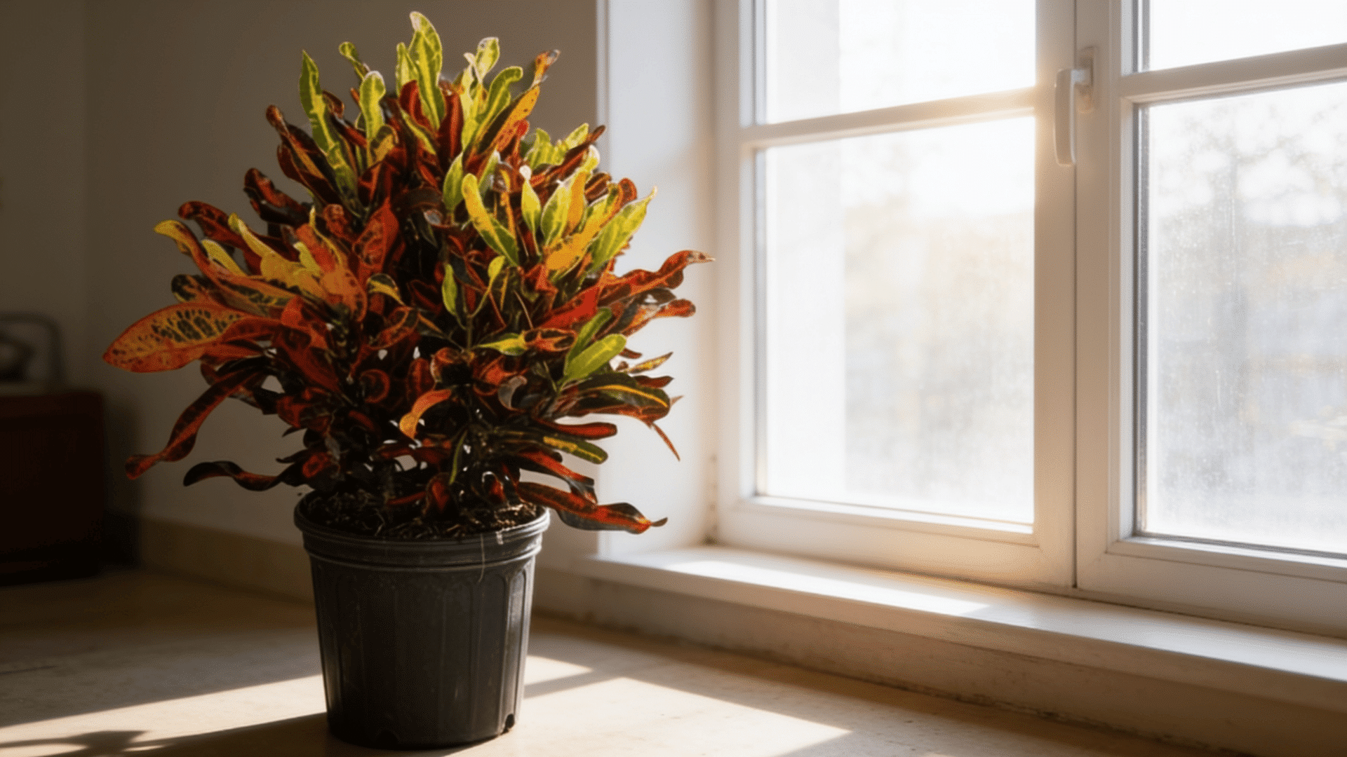 Mammy Croton plant placed near a bright window with indirect sunlight on colorful leaves