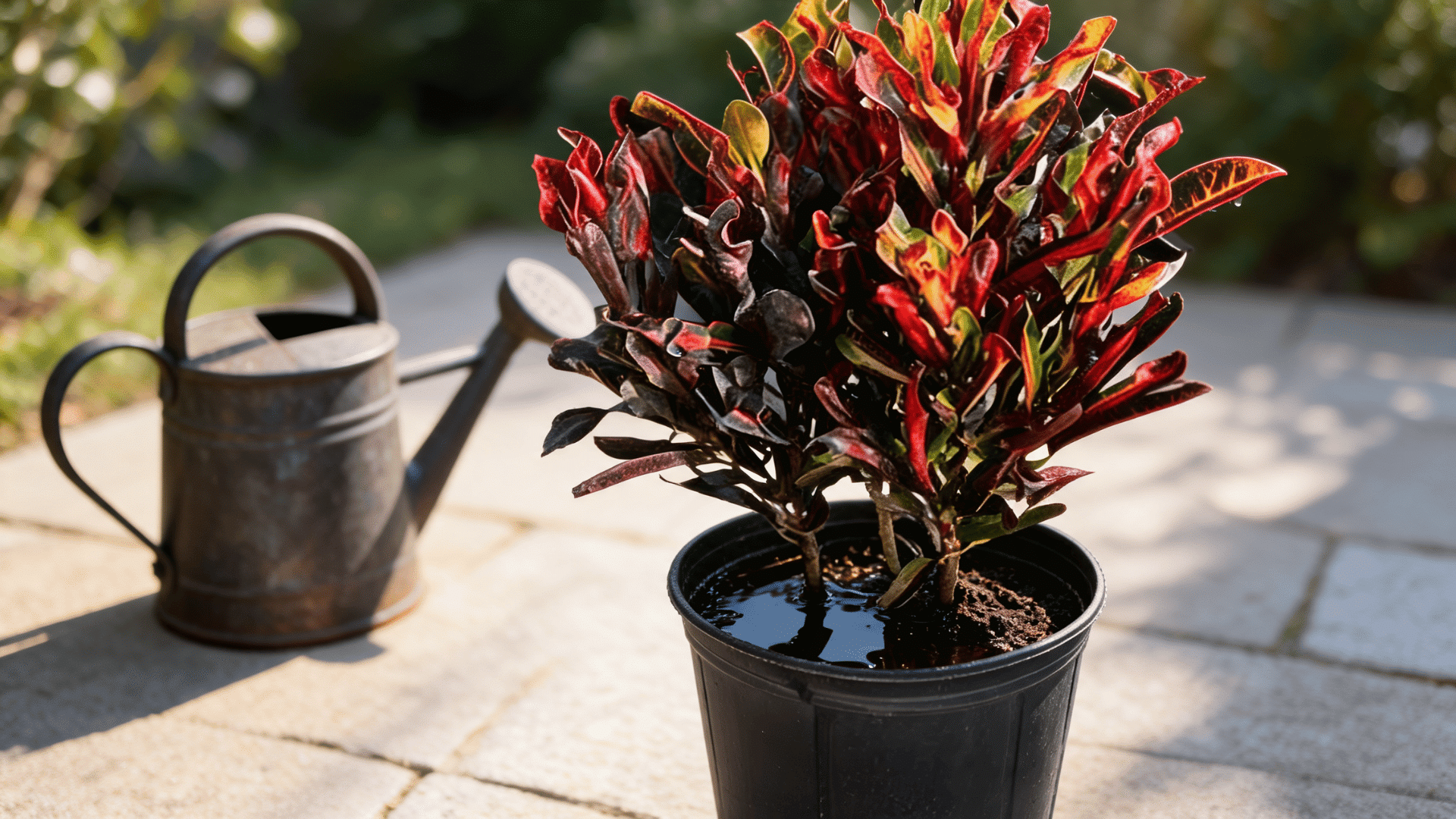 Metal watering can beside a potted mammy croton plant with waterlogged soil in a sunny outdoor setting