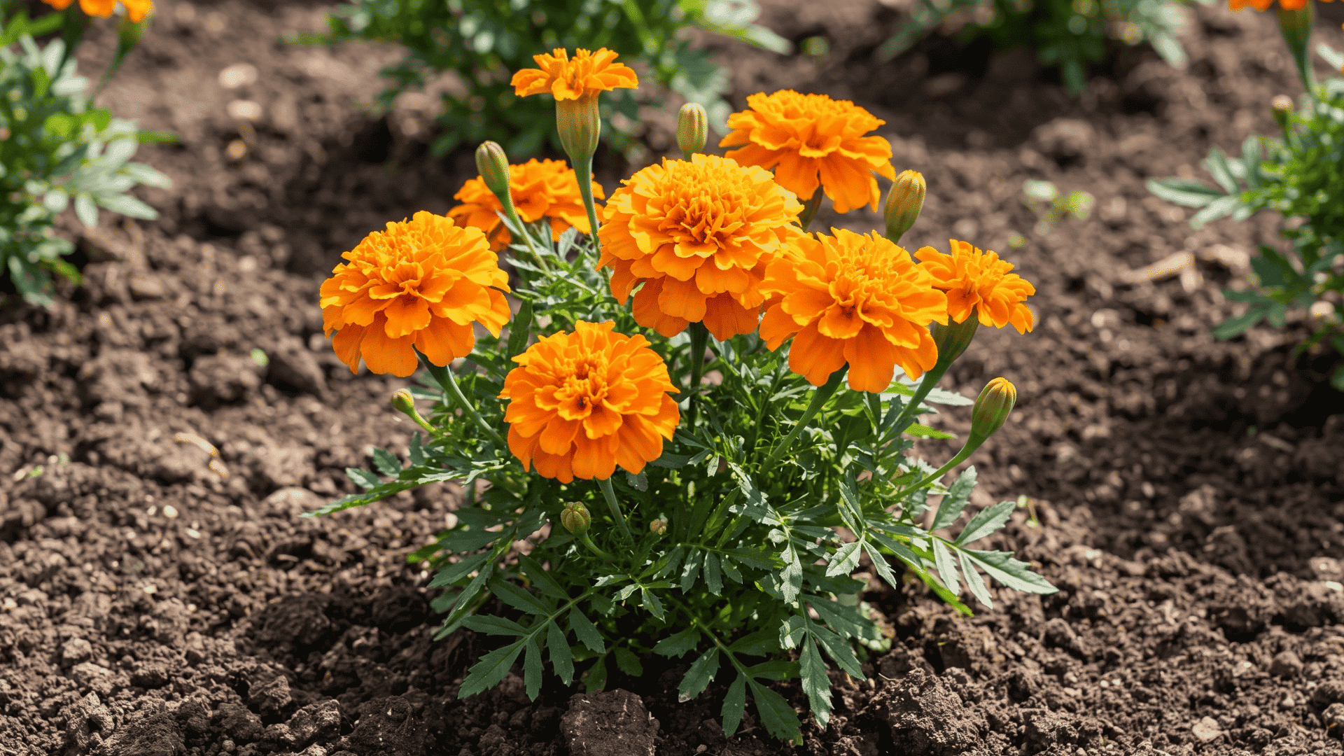 Orange marigold flowers growing in soil with green leaves and unopened buds.
