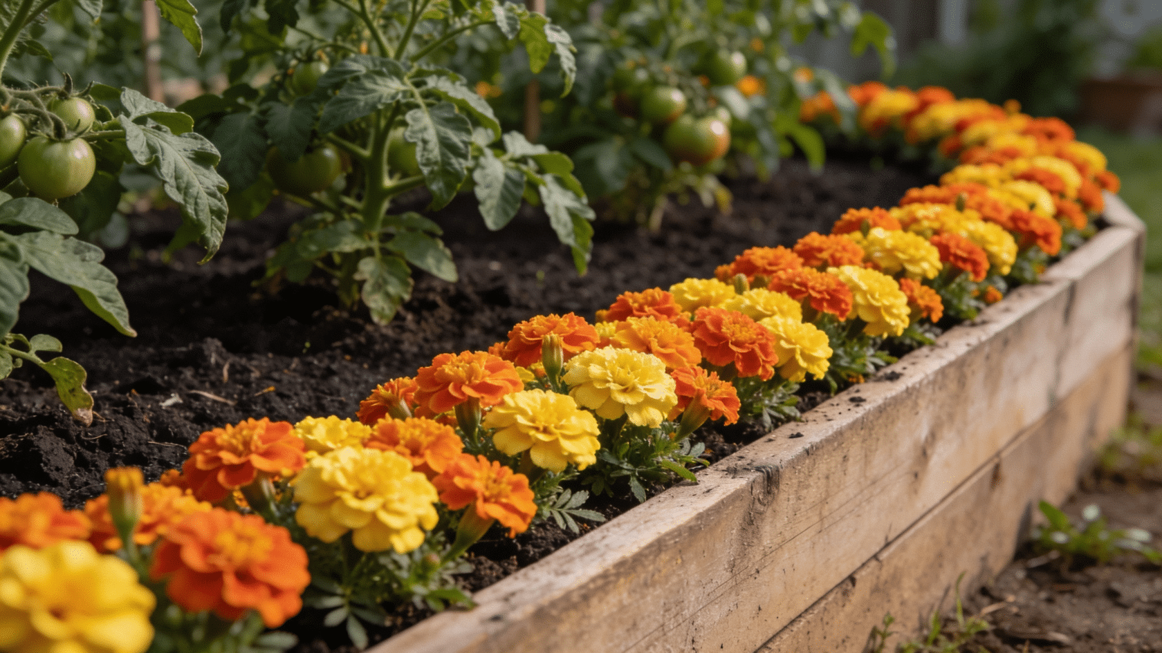 French marigolds planted as tomato companion plants to protect tomatoes and attract pollinators.